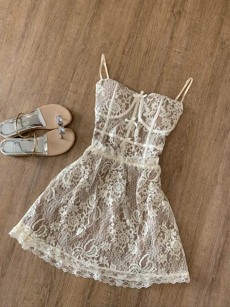 Spring Sleeveless Lace Dress Spaghetti Strap Slim Fit Floral Lace Party Dress Sexy Chic Casual Dress Outfit 2025