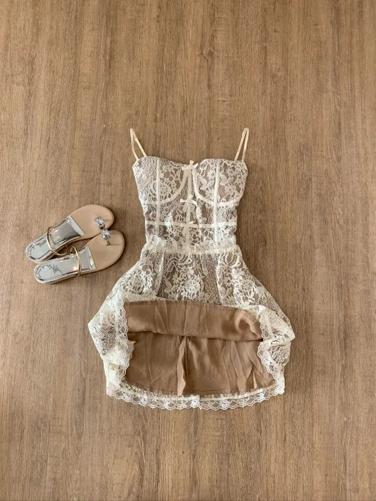 Spring Sleeveless Lace Dress Spaghetti Strap Slim Fit Floral Lace Party Dress Sexy Chic Casual Dress Outfit 2025