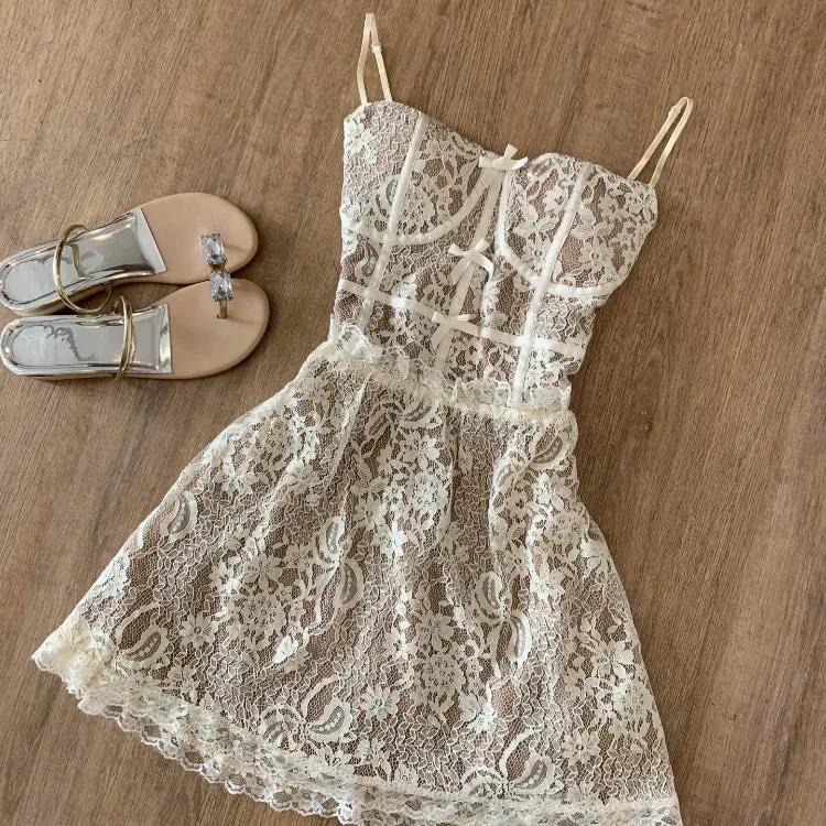 Spring Sleeveless Lace Dress Spaghetti Strap Slim Fit Floral Lace Party Dress Sexy Chic Casual Dress Outfit 2025