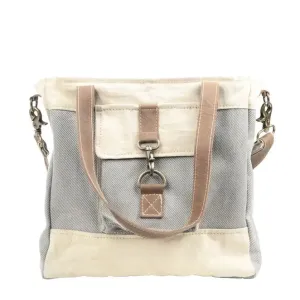 Stephanie Mixed Fabric Canvas Crossbody Tote in Grey and Cream