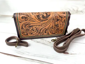 Teal Dotted Border Leather Tooled Carryall Wallet