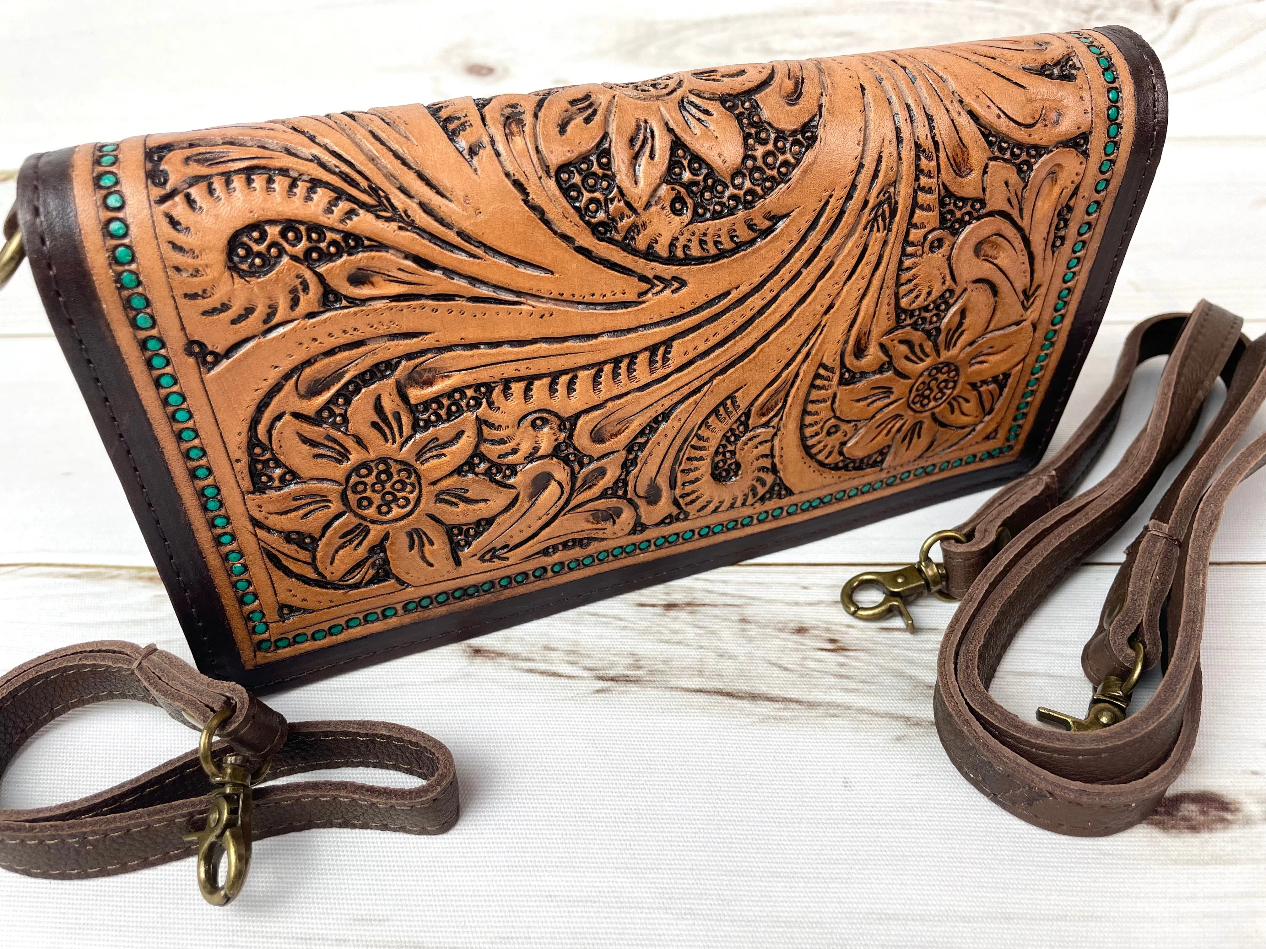 Teal Dotted Border Leather Tooled Carryall Wallet