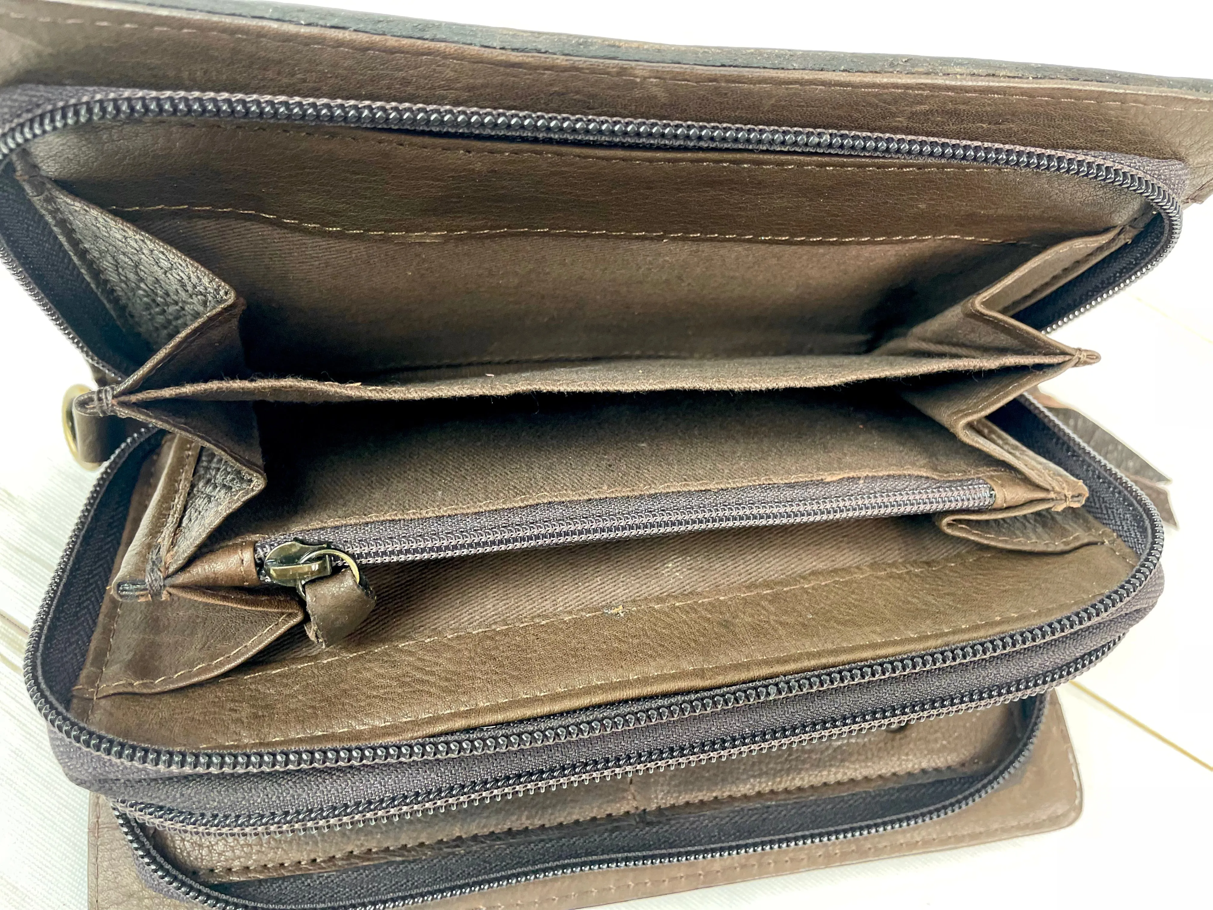 Teal Dotted Border Leather Tooled Carryall Wallet