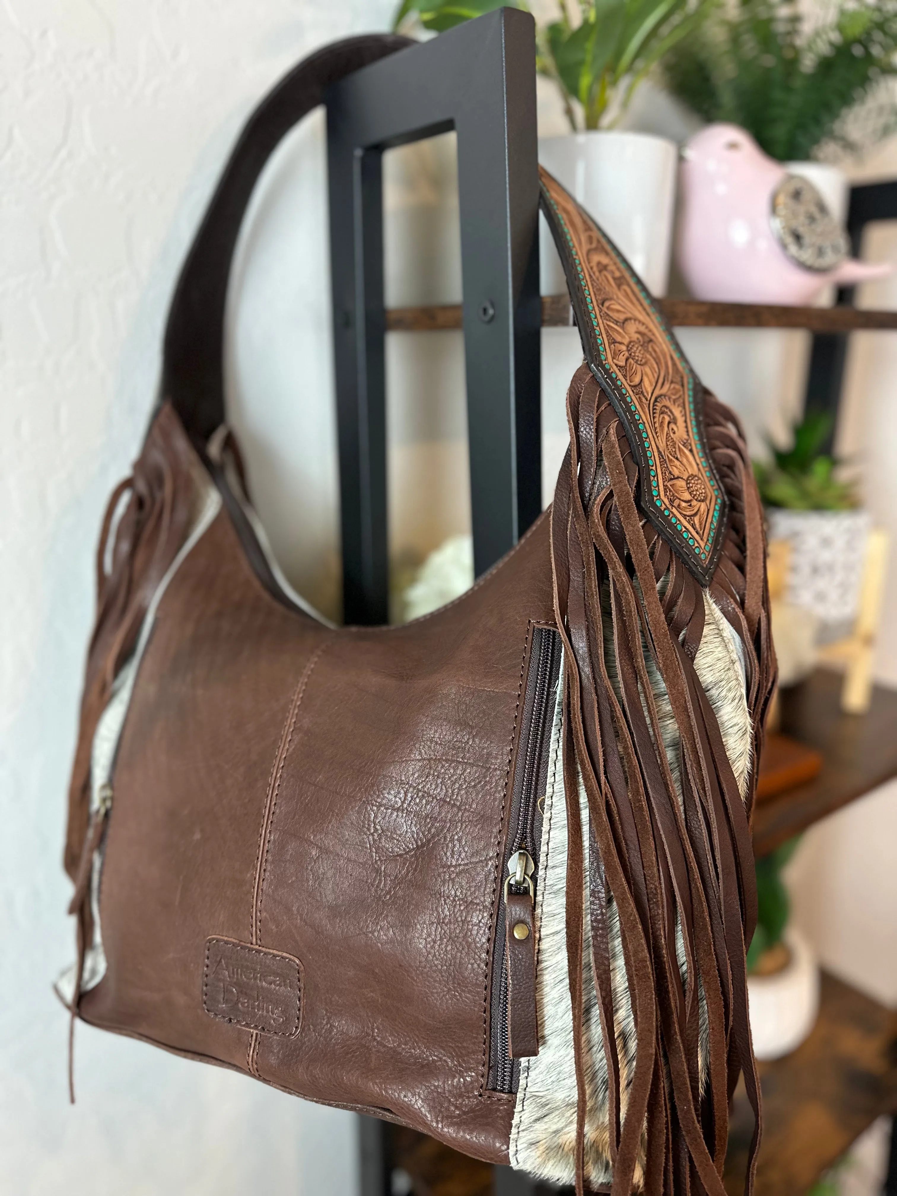 Teal Dotted Border Leather Tooled Cowhide Fringe Hobo Purse
