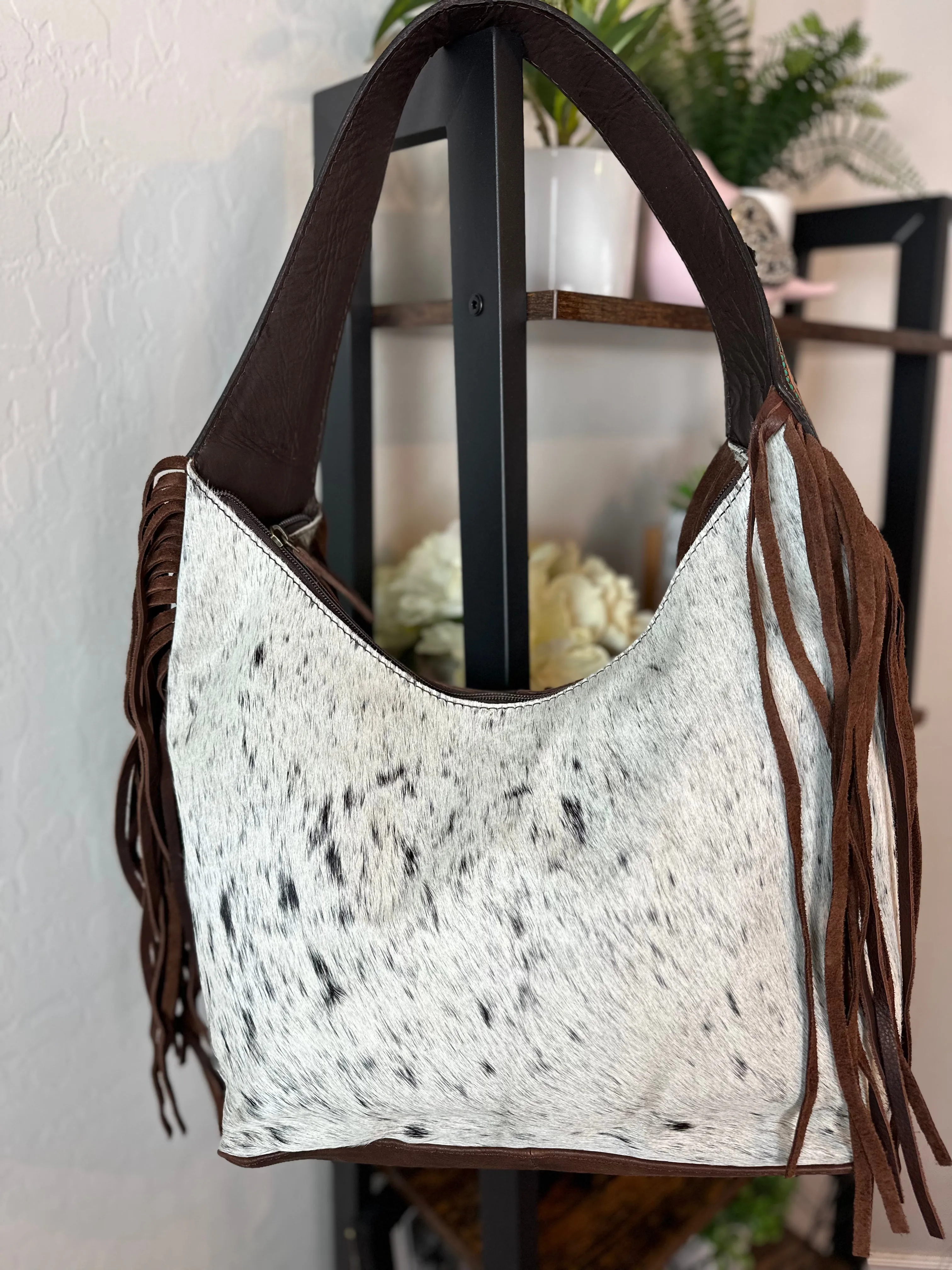 Teal Dotted Border Leather Tooled Cowhide Fringe Hobo Purse