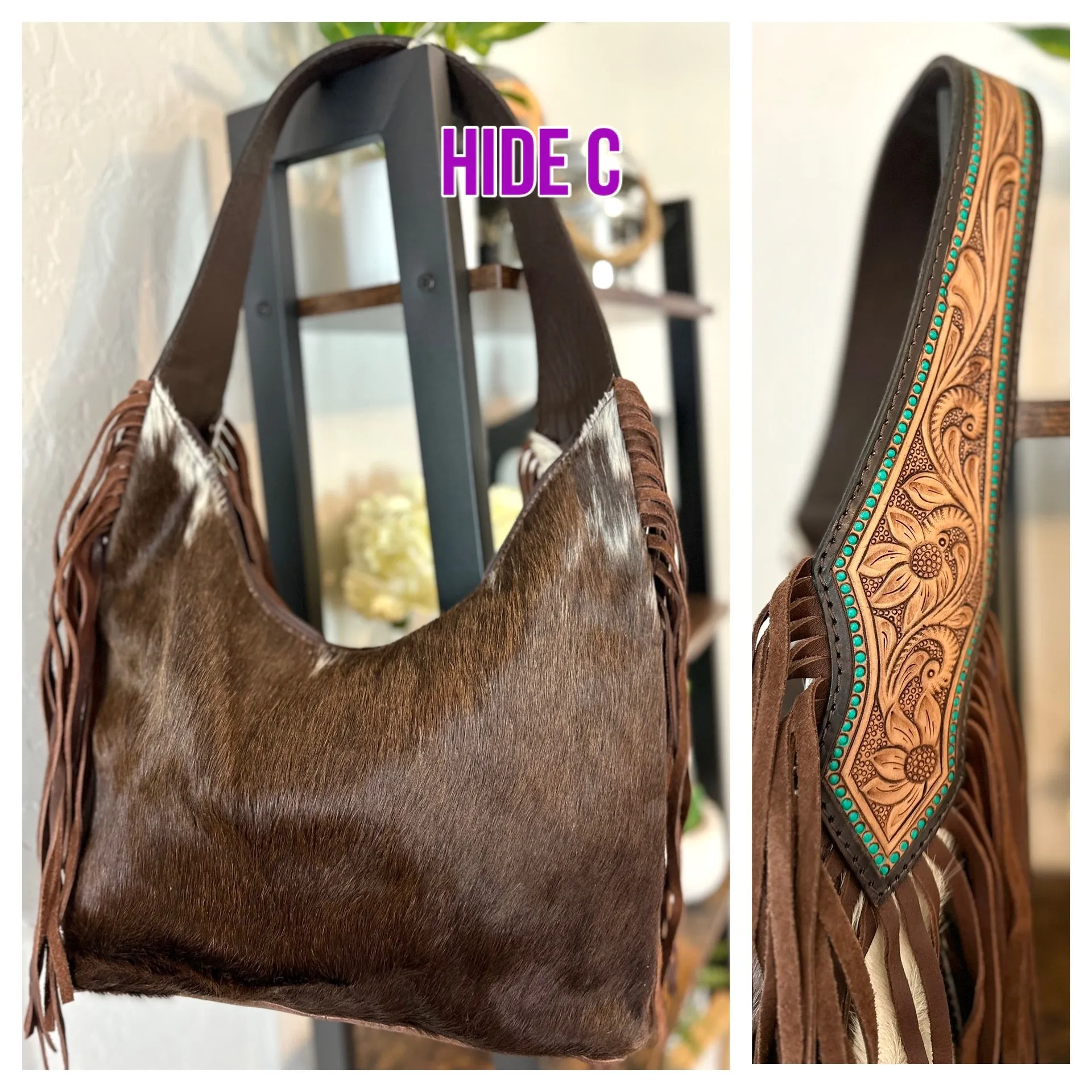Teal Dotted Border Leather Tooled Cowhide Fringe Hobo Purse