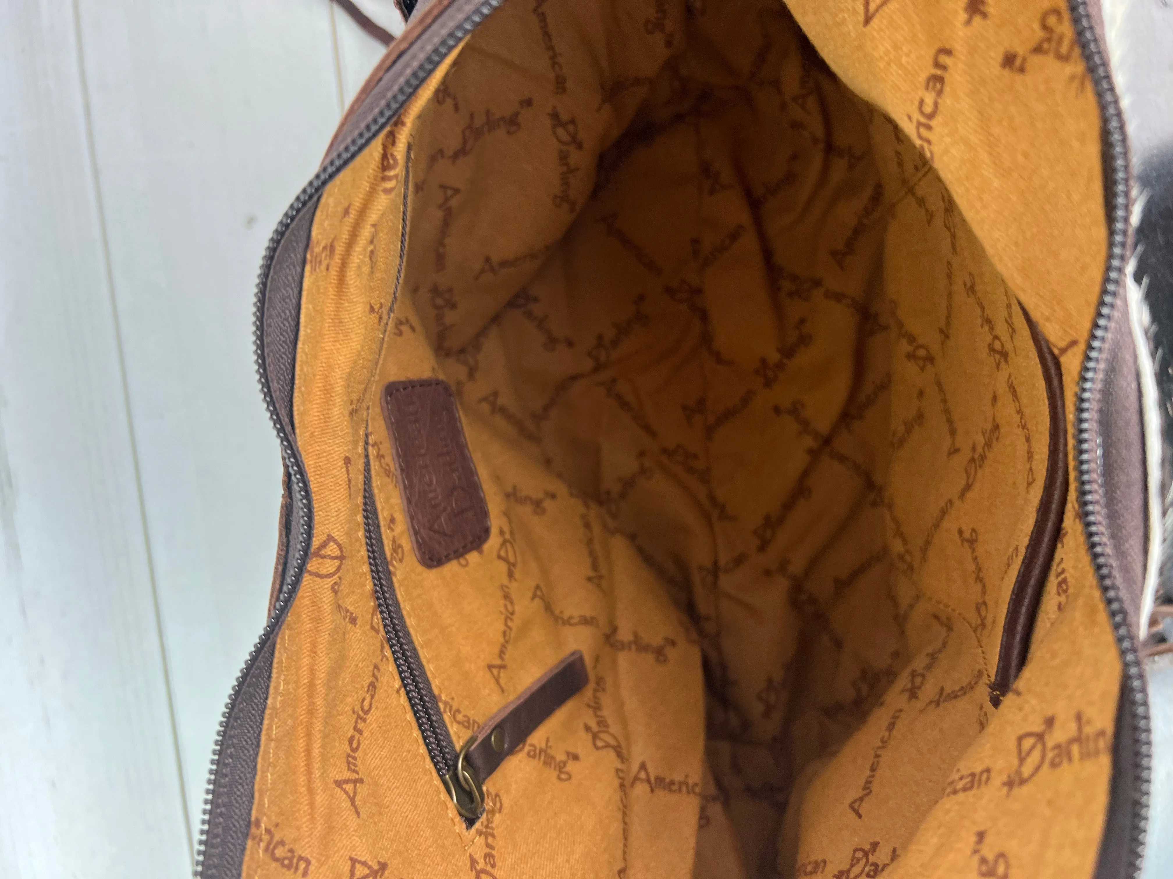 Teal Dotted Border Leather Tooled Cowhide Fringe Hobo Purse