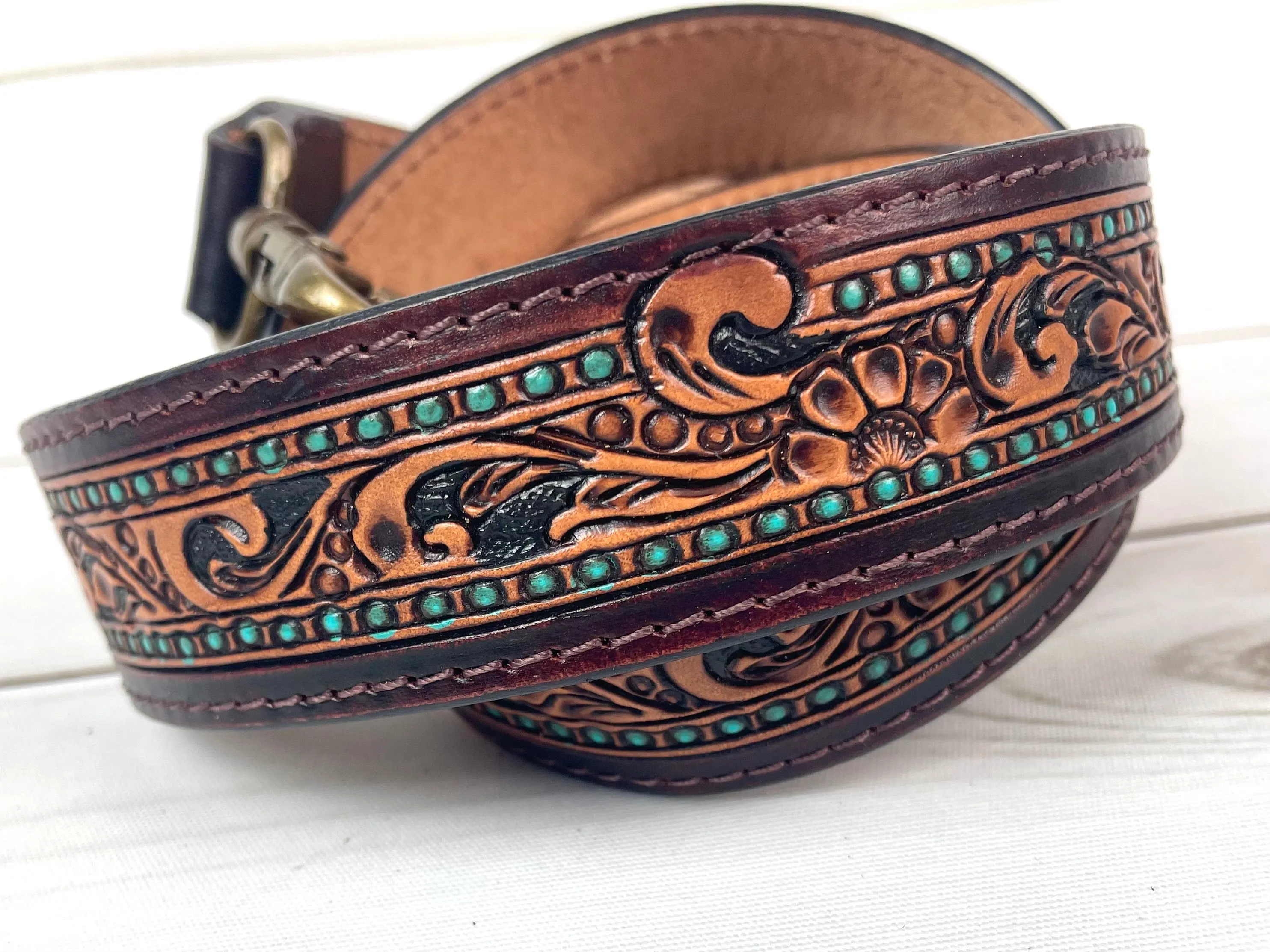 Teal Dotted Border Medium Leather Floral Tooled Handbag Strap