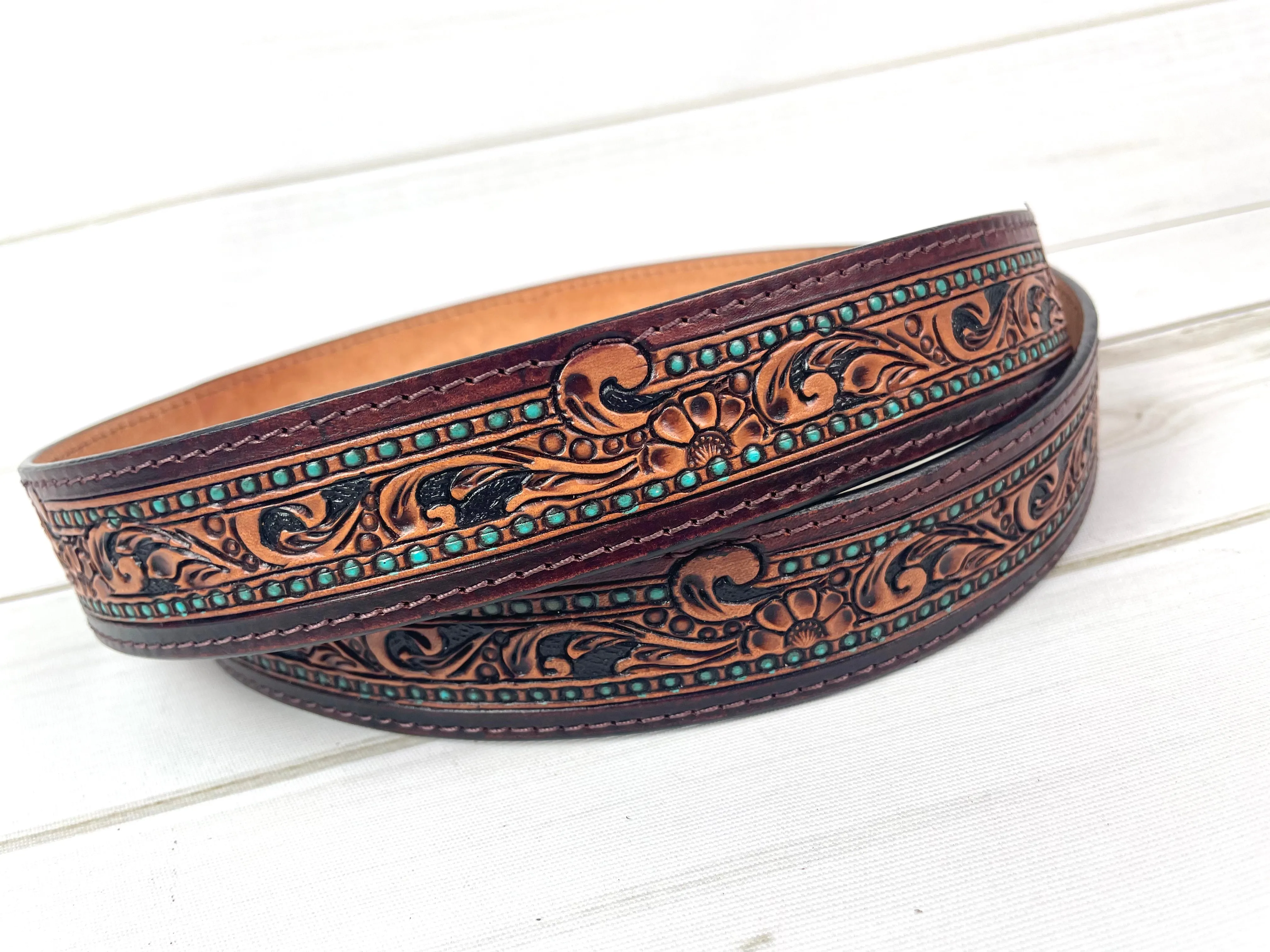 Teal Dotted Border Medium Leather Floral Tooled Handbag Strap