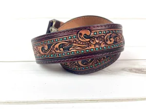 Teal Dotted Border Medium Leather Floral Tooled Handbag Strap