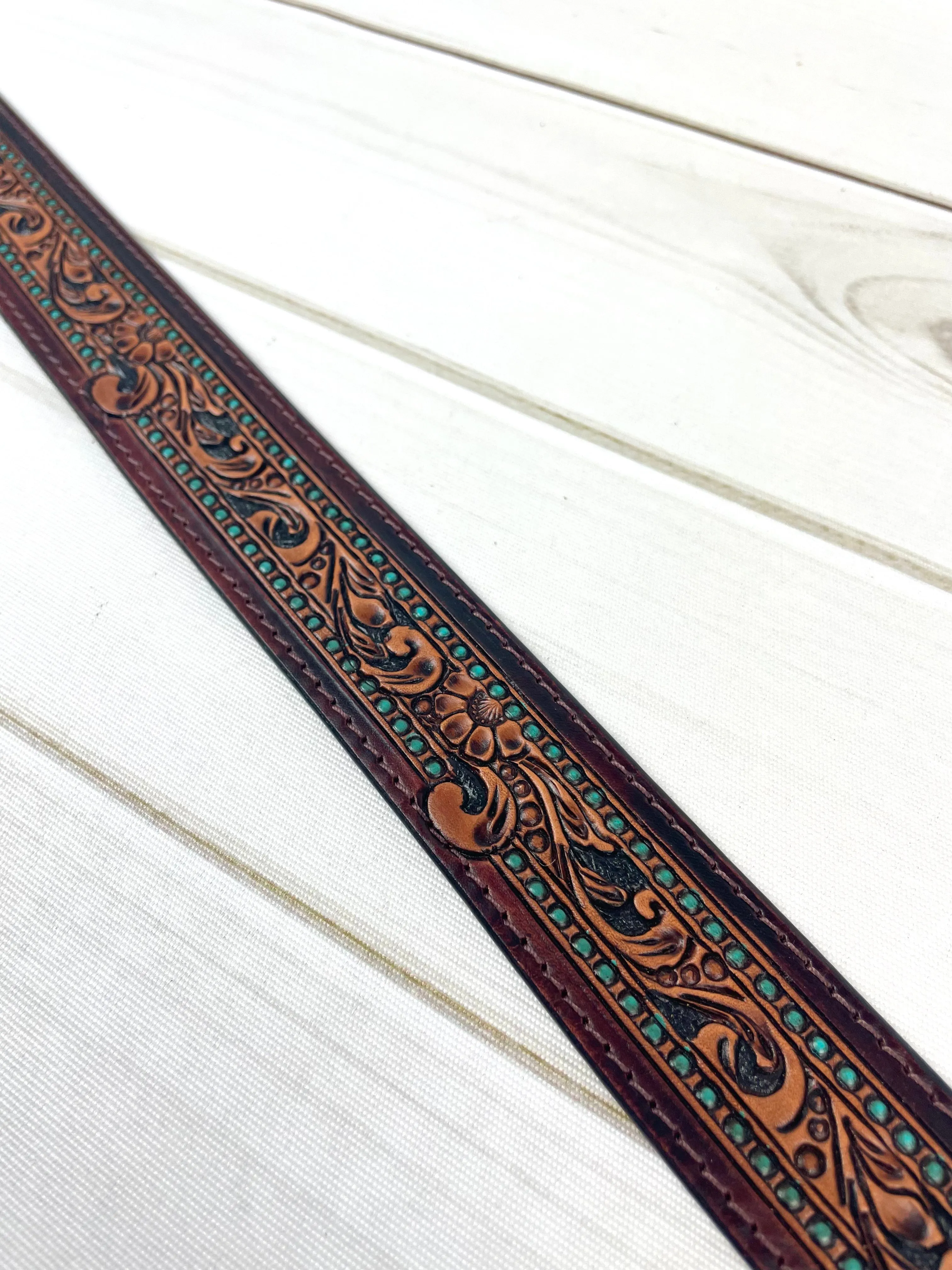Teal Dotted Border Medium Leather Floral Tooled Handbag Strap