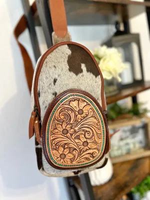 Teal Dotted Cowhide Leather Tooled Sling Bag