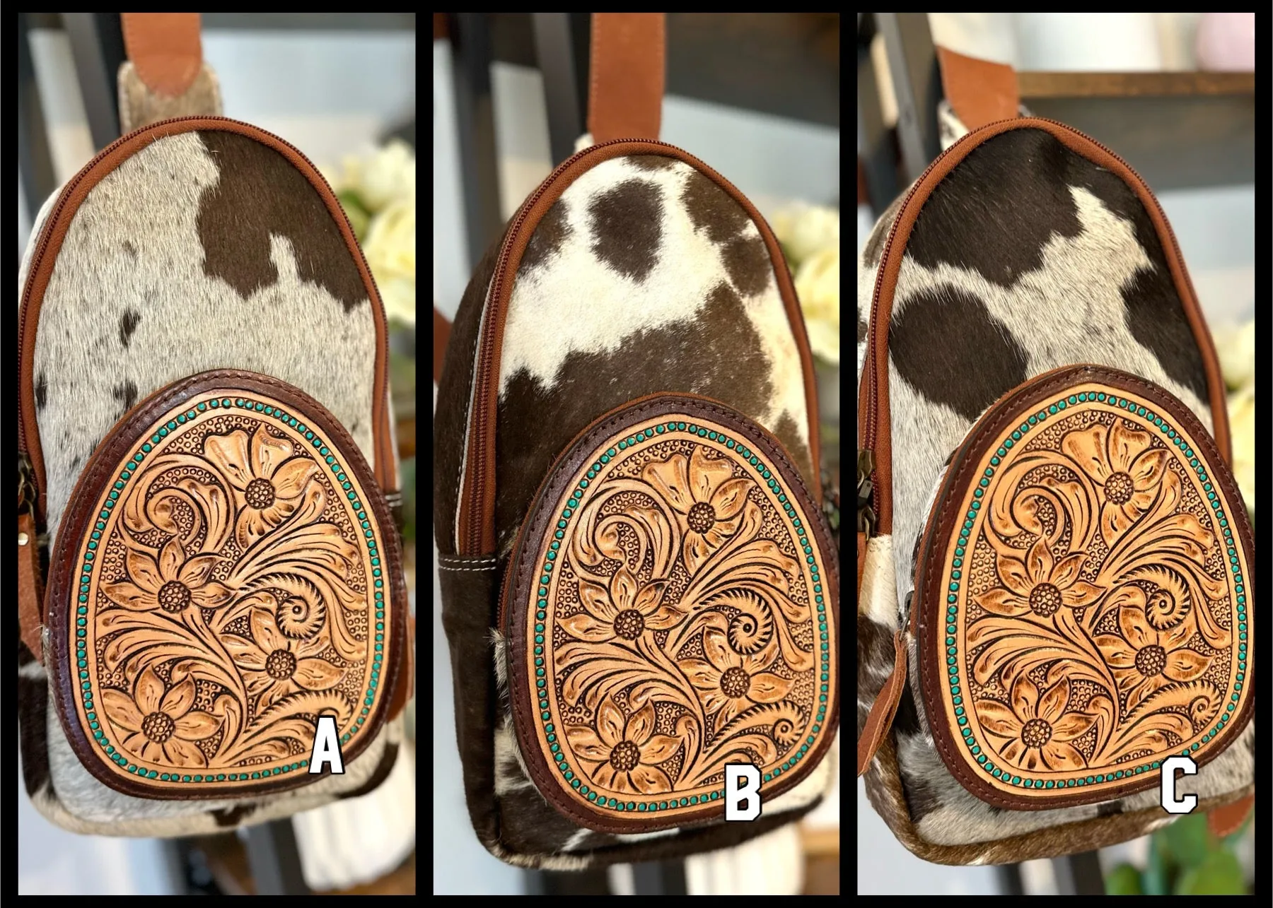 Teal Dotted Cowhide Leather Tooled Sling Bag