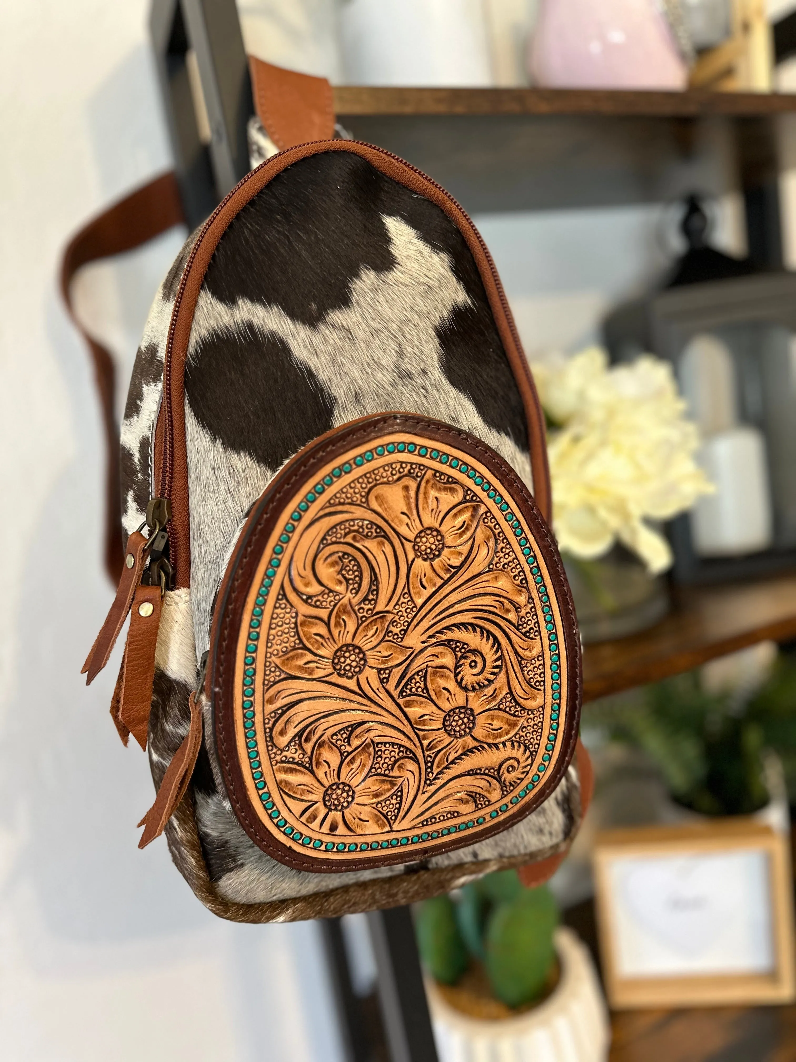 Teal Dotted Cowhide Leather Tooled Sling Bag