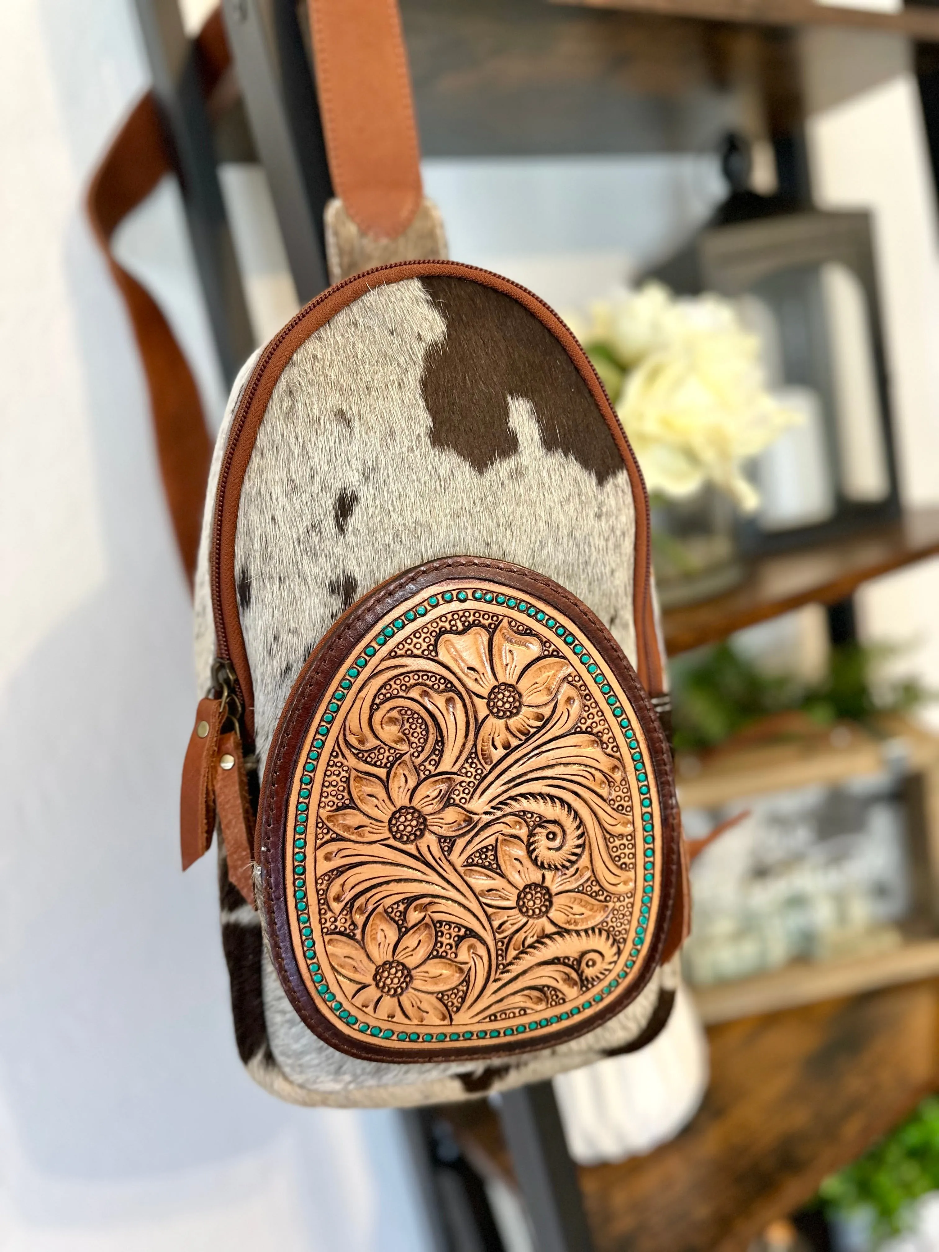 Teal Dotted Cowhide Leather Tooled Sling Bag
