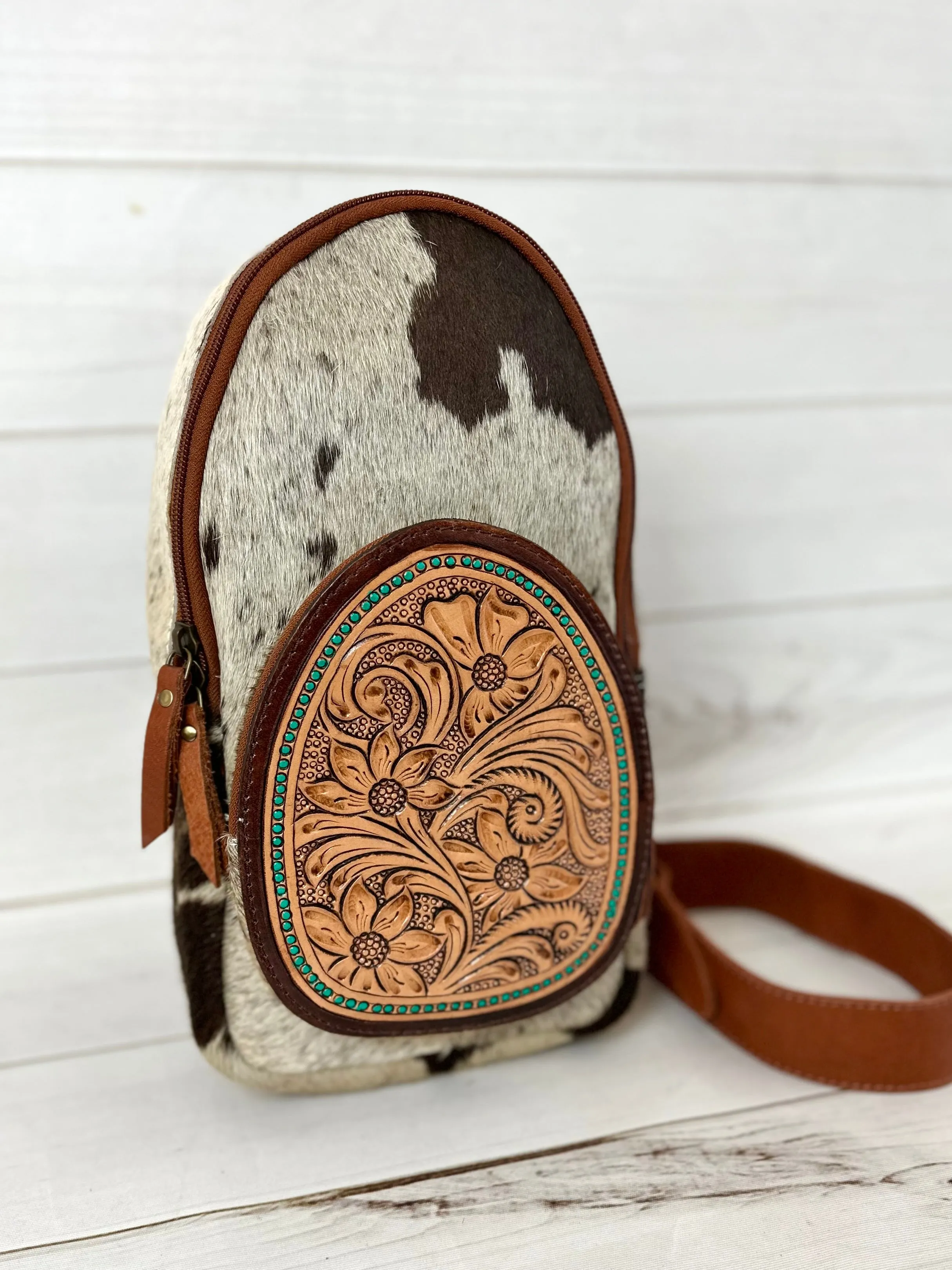 Teal Dotted Cowhide Leather Tooled Sling Bag