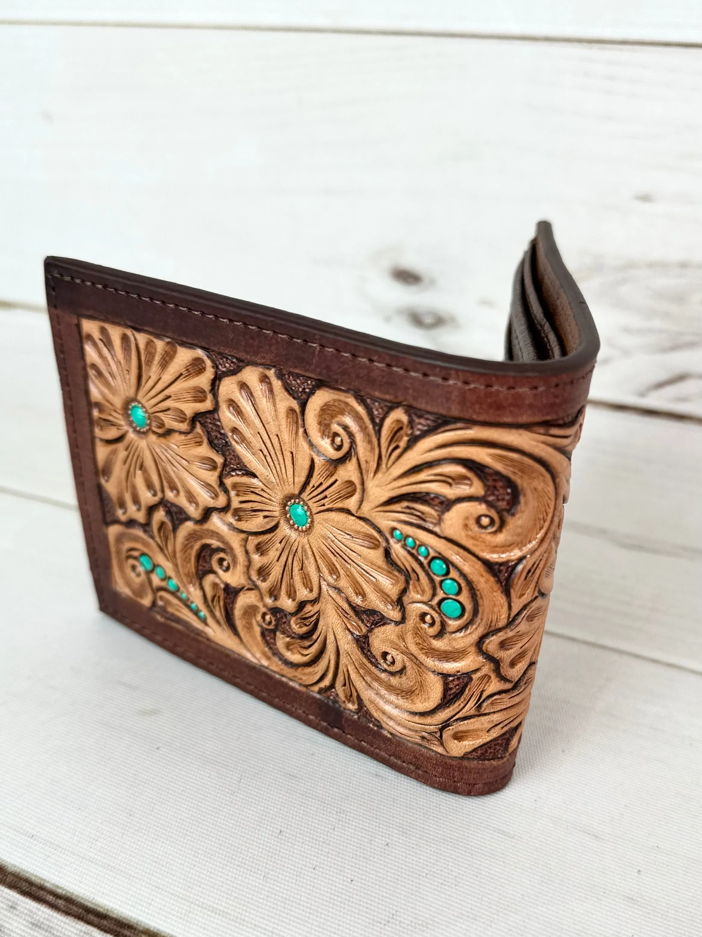 Turquoise Dotted Floral Tooled Leather Western Wallet