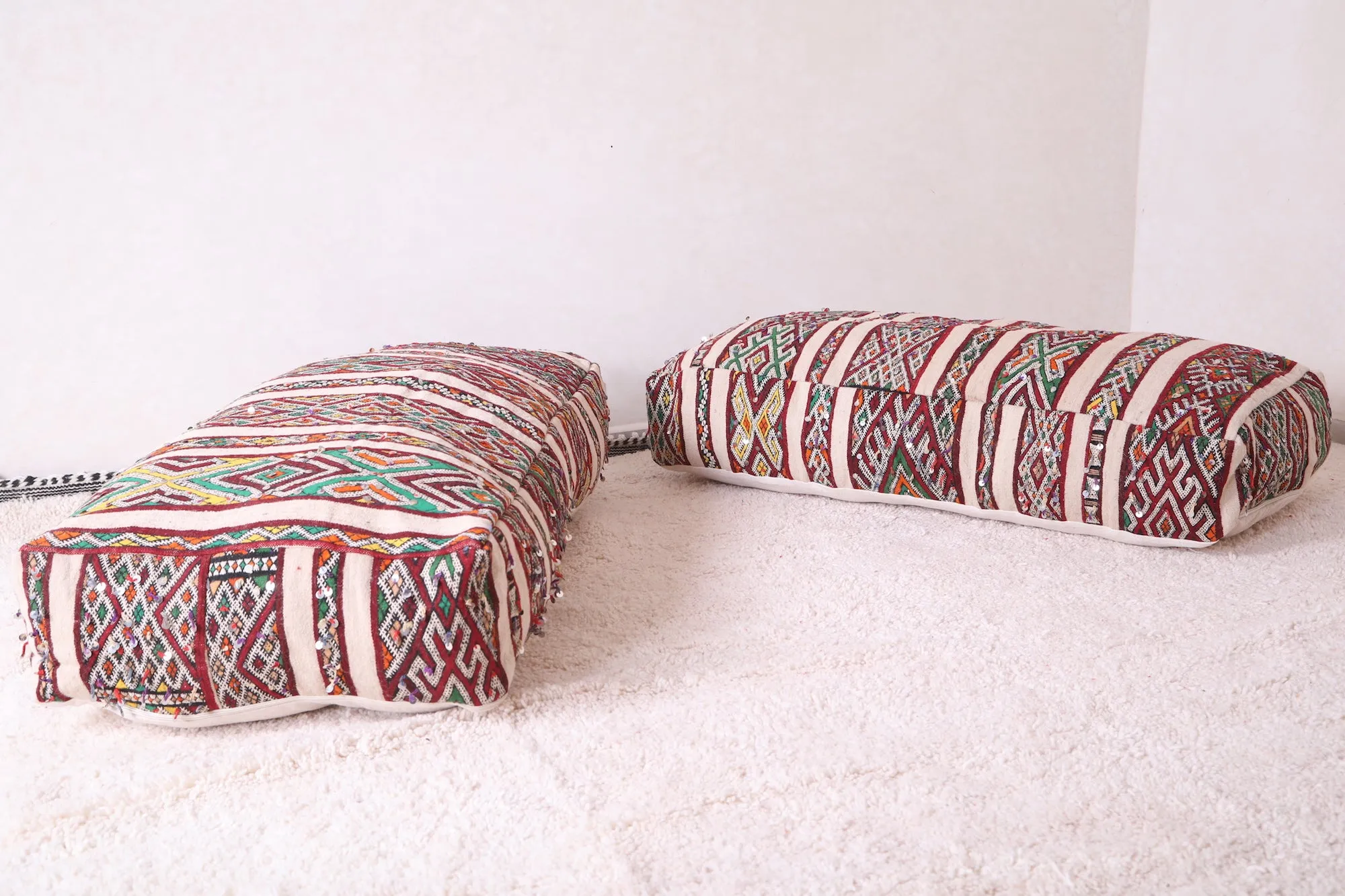 Two Vintage Bohemian Poufs Ottoman 24” x 24” x 13"