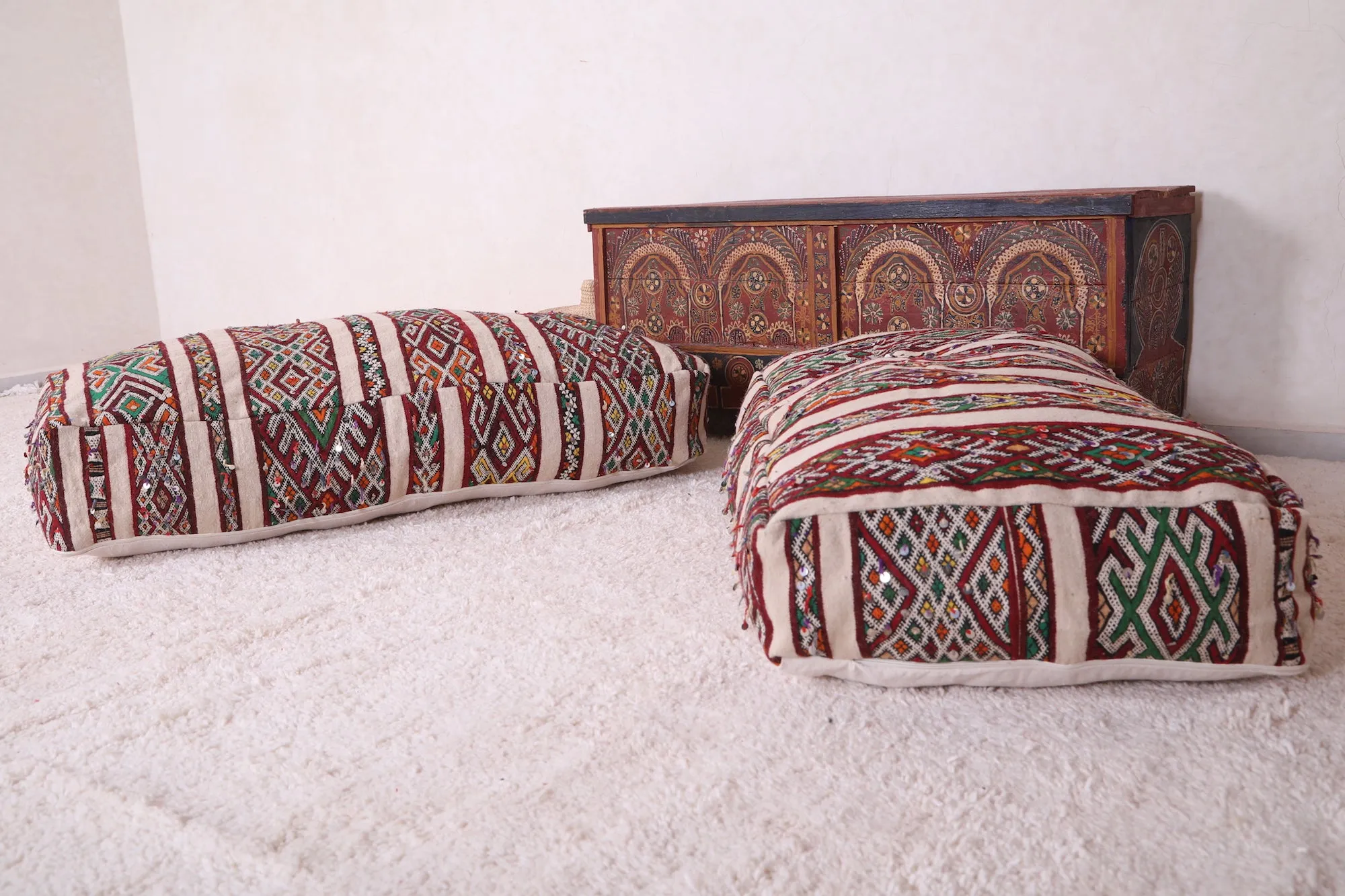 Two Vintage Bohemian Poufs Ottoman 24” x 24” x 13"
