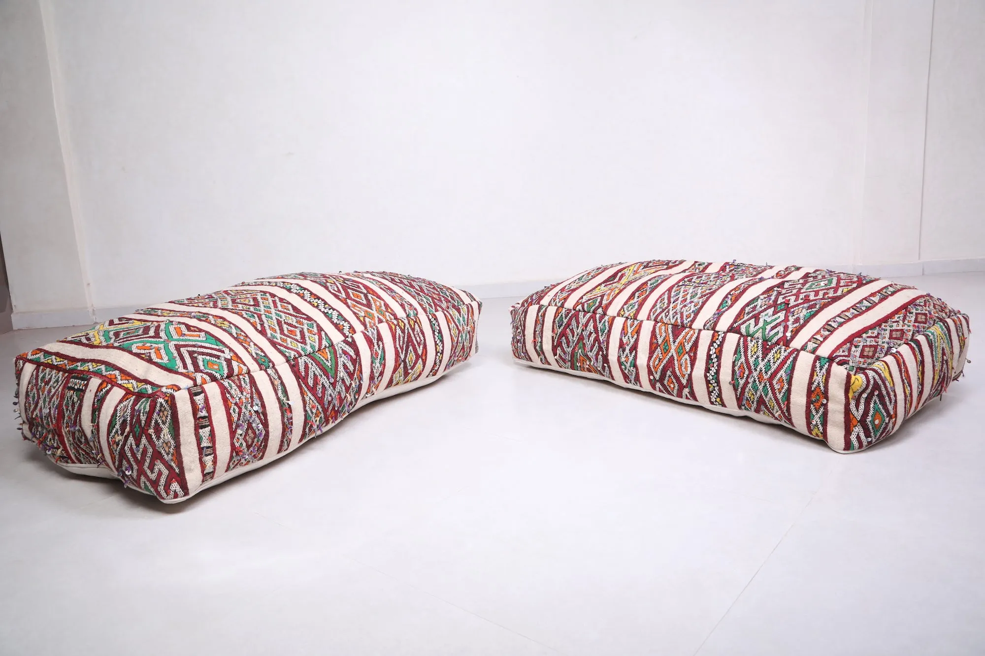 Two Vintage Bohemian Poufs Ottoman 24” x 24” x 13"