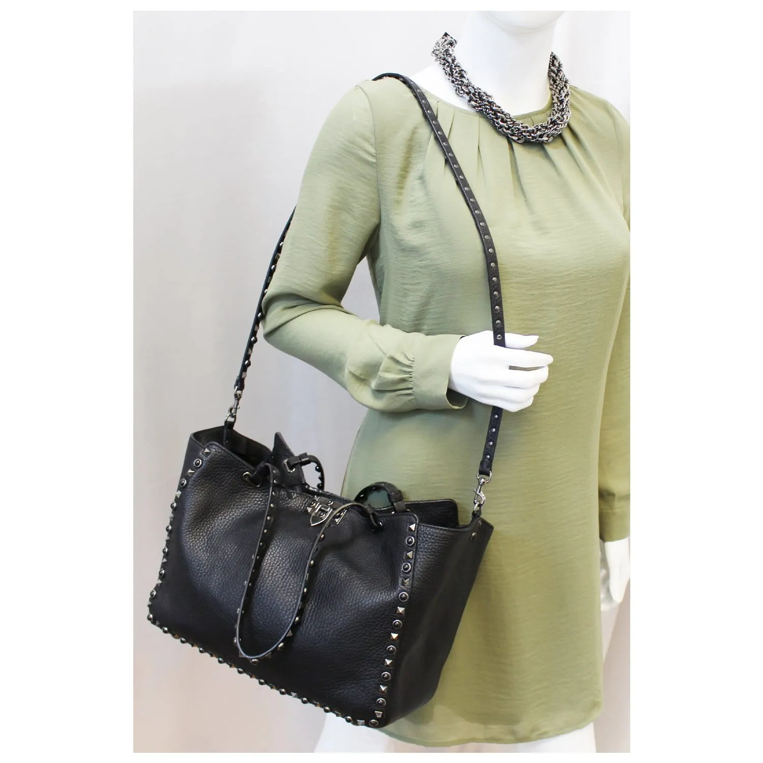 Valentino Rockstud Noir Black Leather Medium Tote Shoulder Bag