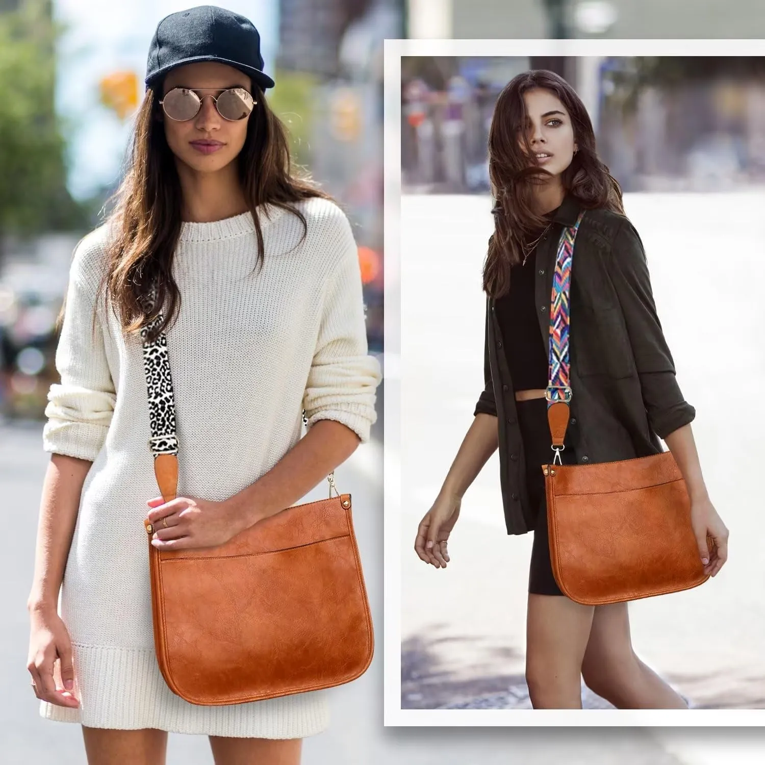 Vegan Leather Crossbody Bags for Women, Handbag  Bag with Guitar Strap & Zipped Pockets