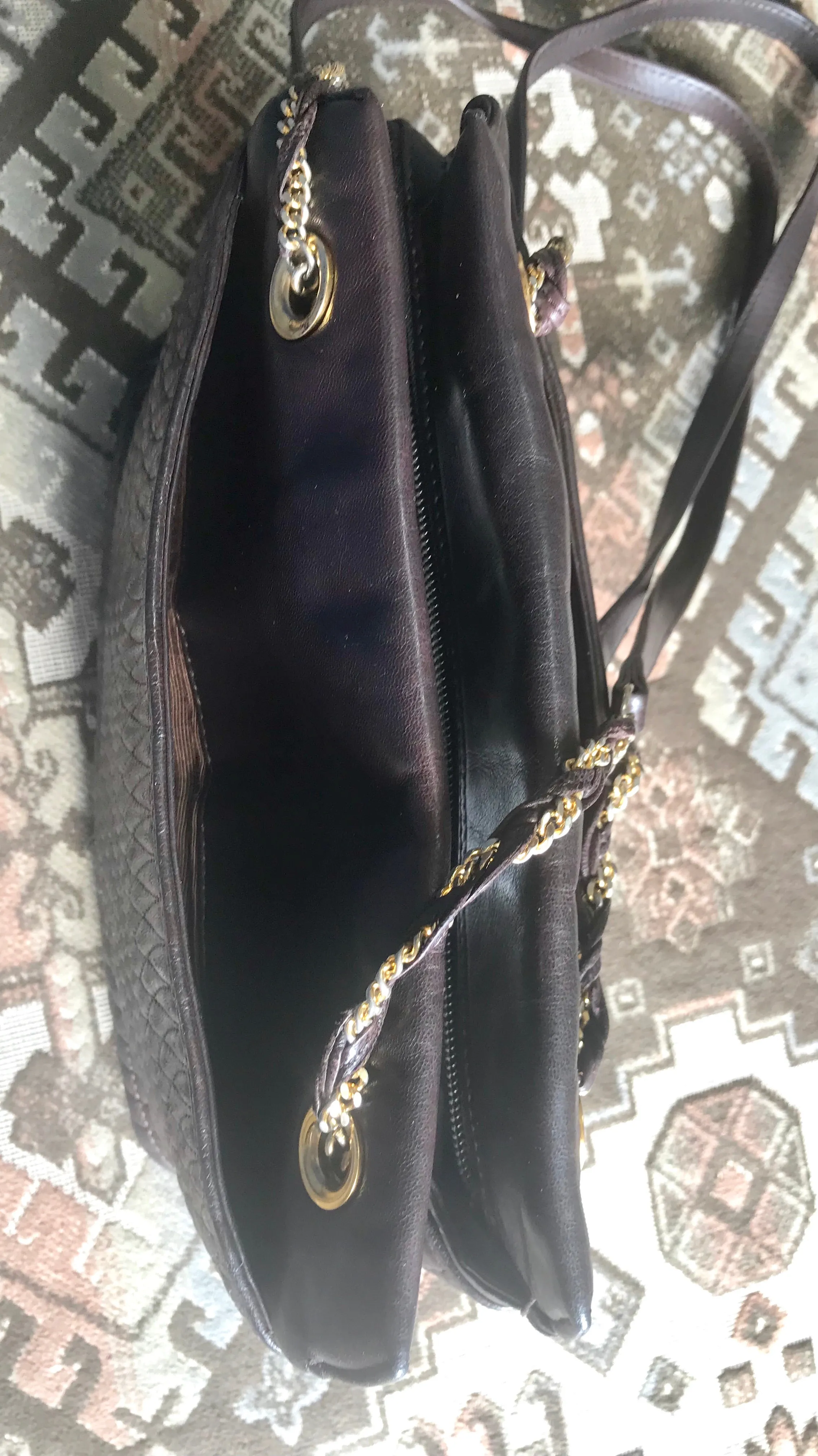 Vintage Bally quilted dark brown leather chain mix shoulder bag, tote bag with chain straps and a tassel to the zipper.