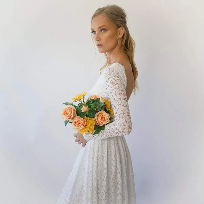 Vintage Bohemian Open back wedding dress  #1292