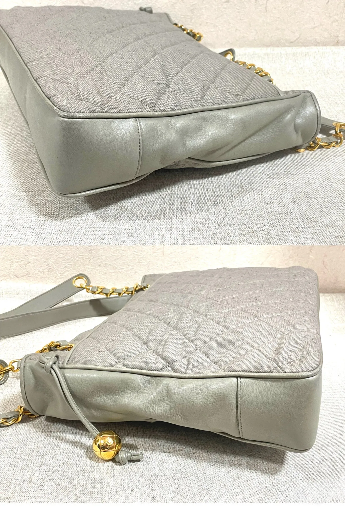 Vintage CHANEL taupe grey canvas and lambskin shoulder tote bag with gold tone chain straps and a CC ball charm. 070125ap1