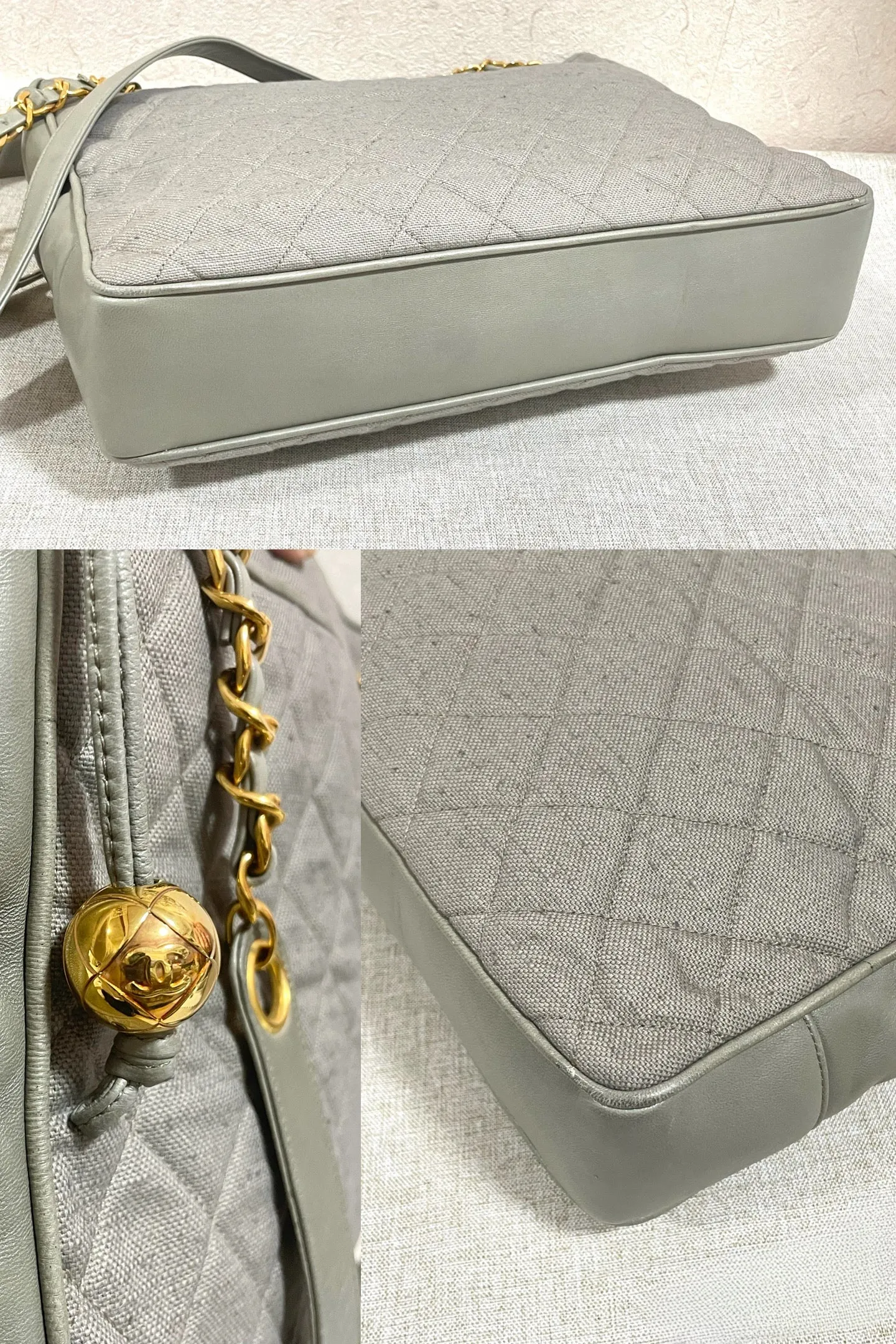 Vintage CHANEL taupe grey canvas and lambskin shoulder tote bag with gold tone chain straps and a CC ball charm. 070125ap1