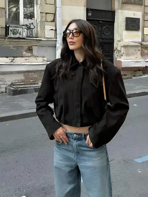 Vintage Chic Cropped Zipper Chocolate Color Jacket