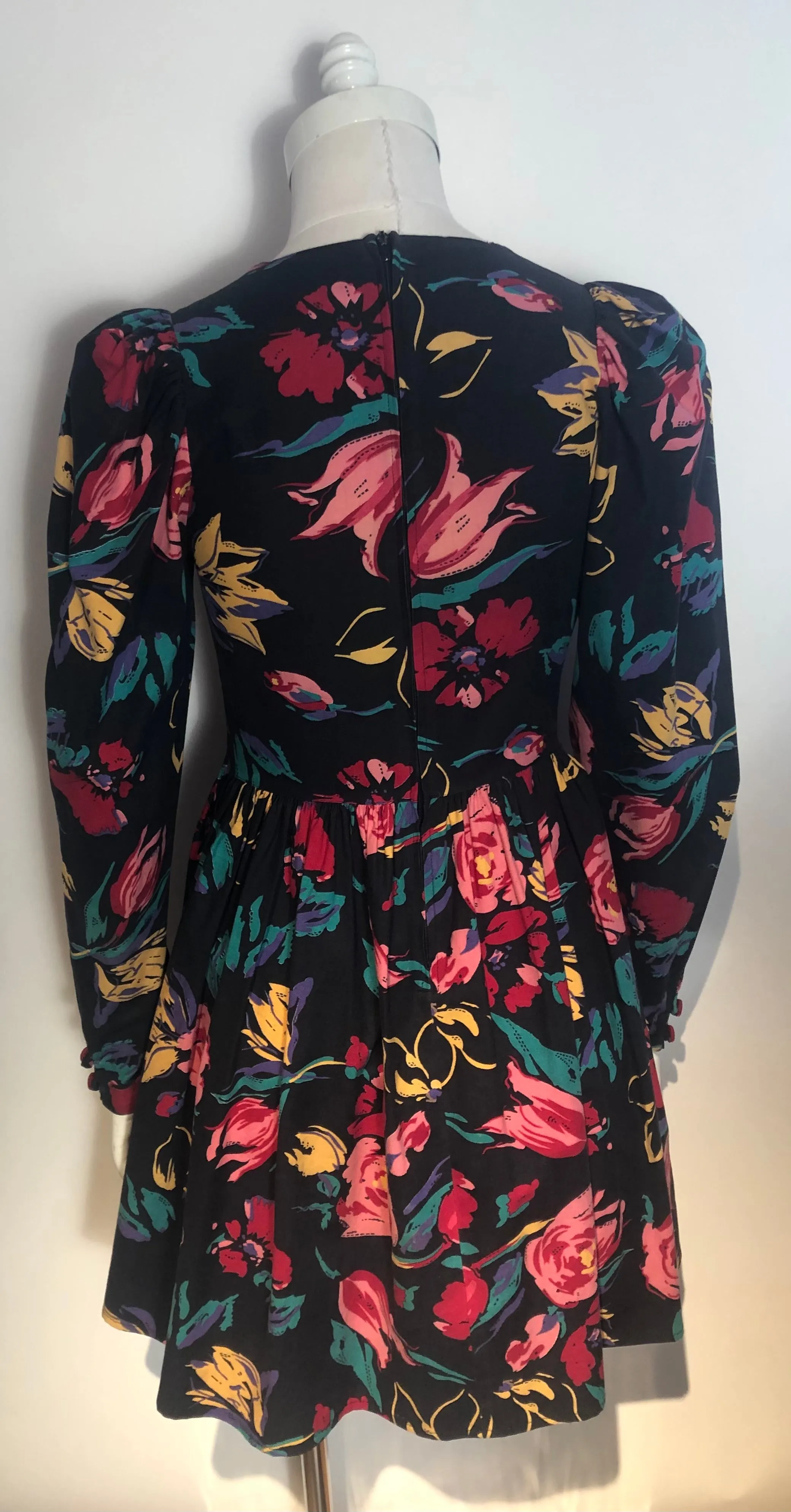 Vtg 80s LAURA ASHLEY Floral BABY DOLL Dress Pouf Sleeves