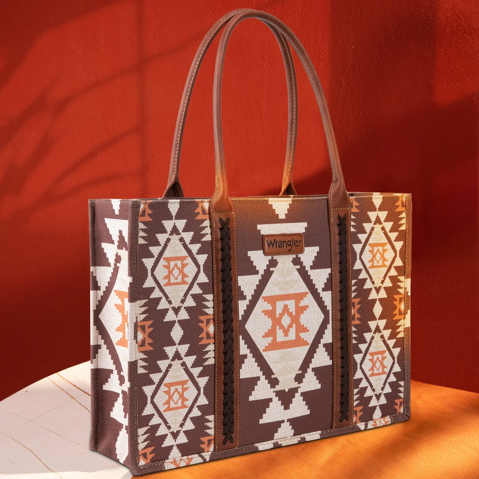 WG2203-8119 Wrangler Southwestern Pattern Dual Sided Print Canvas Wide Tote  Coffee