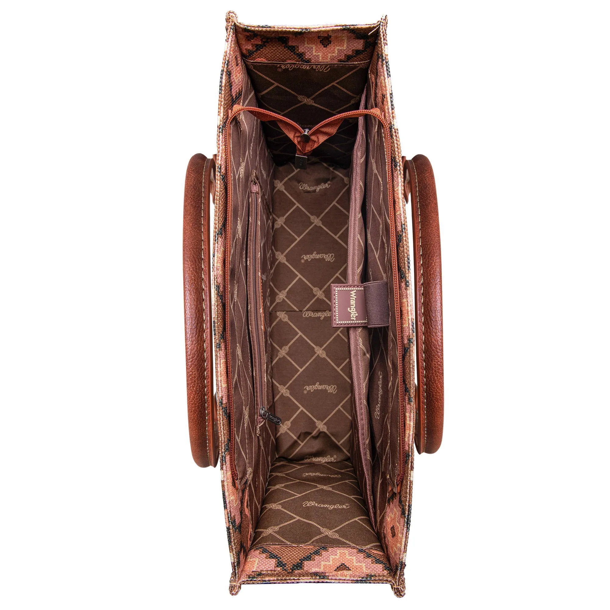 WG2203-8119 Wrangler Southwestern Pattern Dual Sided Print Canvas Wide Tote Dark Brown