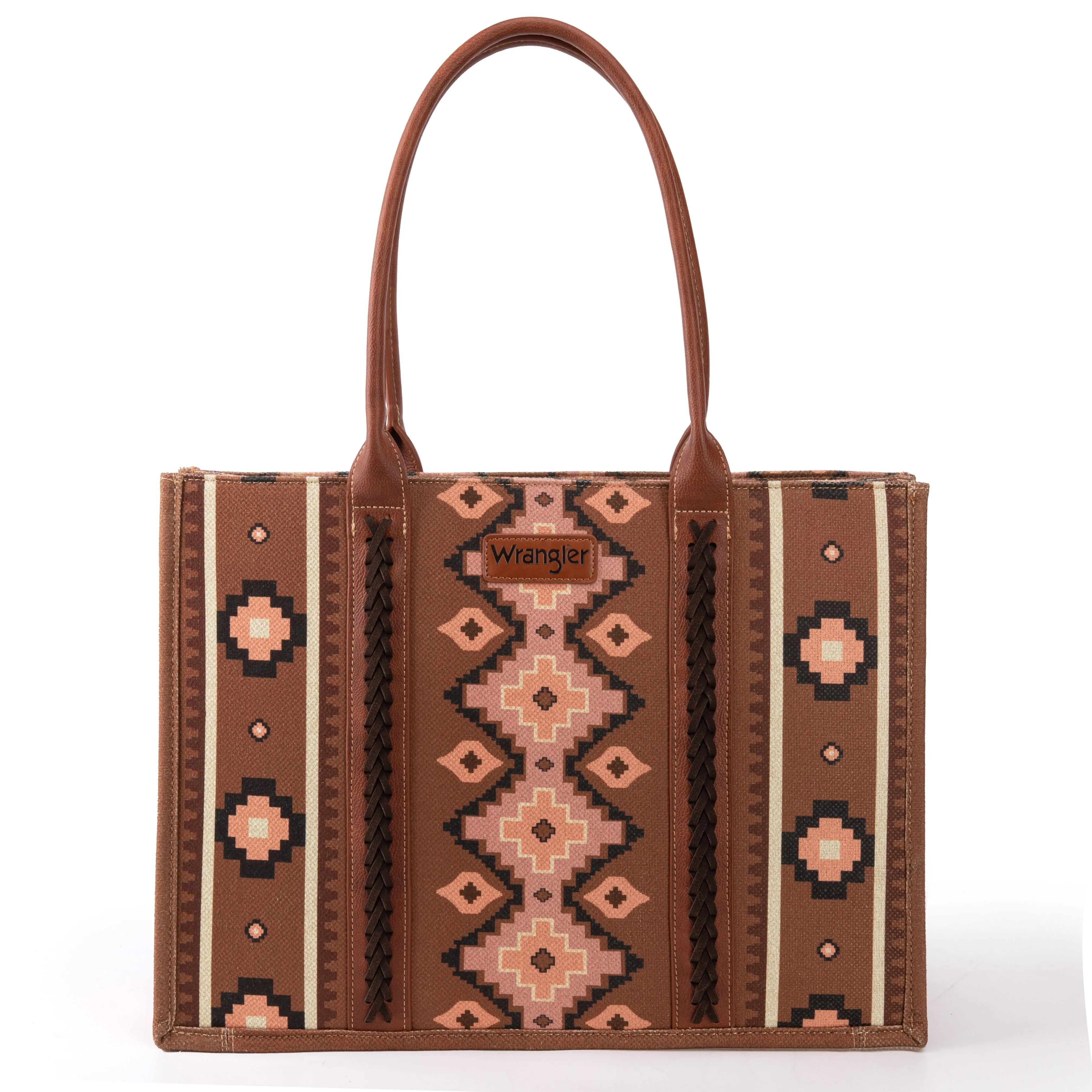 WG2203-8119 Wrangler Southwestern Pattern Dual Sided Print Canvas Wide Tote Dark Brown