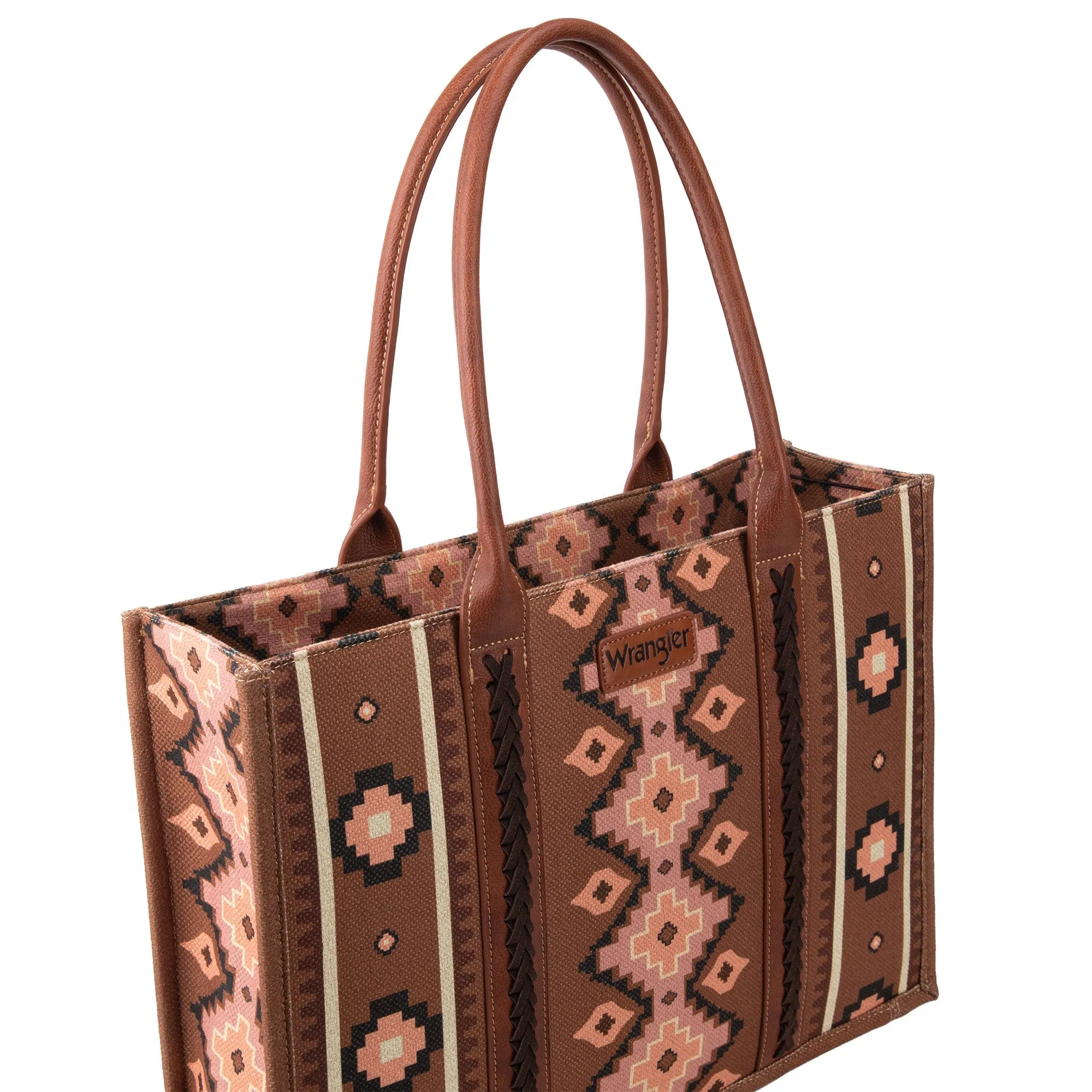 WG2203-8119 Wrangler Southwestern Pattern Dual Sided Print Canvas Wide Tote Dark Brown