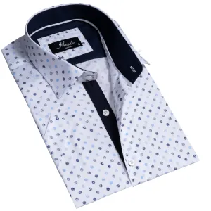 White Blue Dots Mens Short Sleeve Button up Shirts - Tailored Slim Fit Cotton Dress Shirts