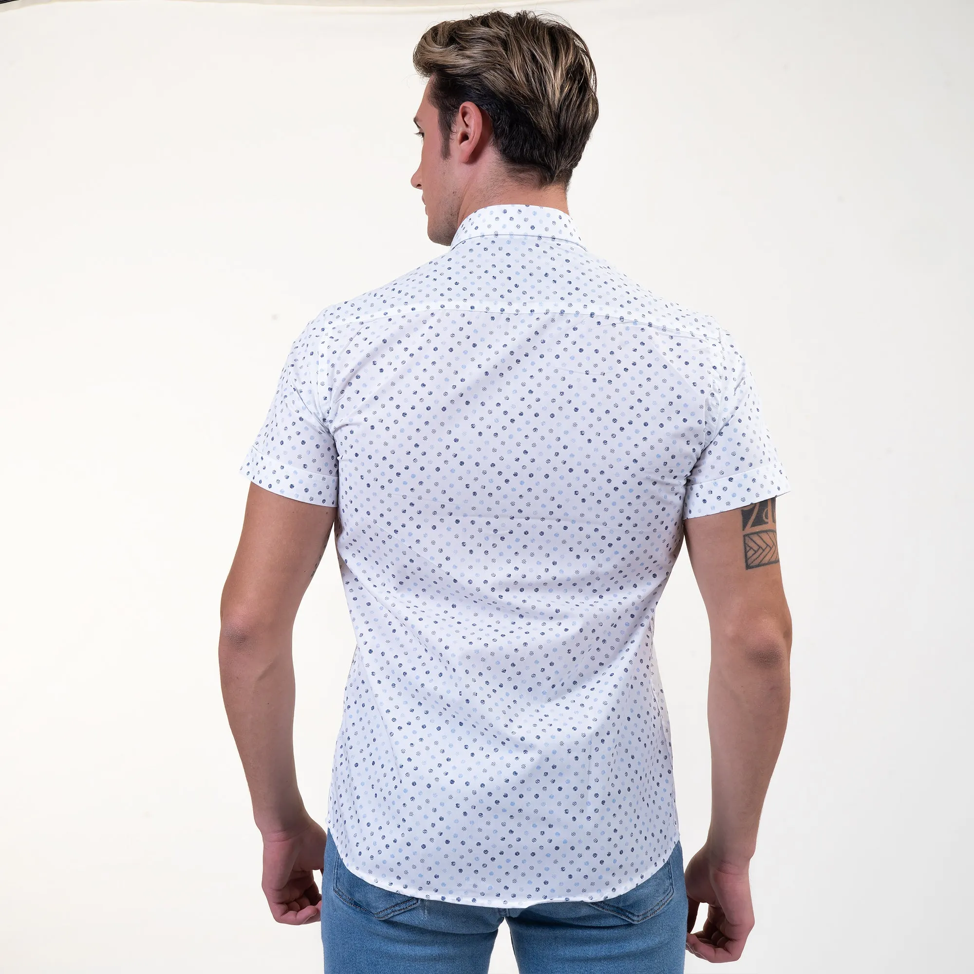 White Blue Dots Mens Short Sleeve Button up Shirts - Tailored Slim Fit Cotton Dress Shirts