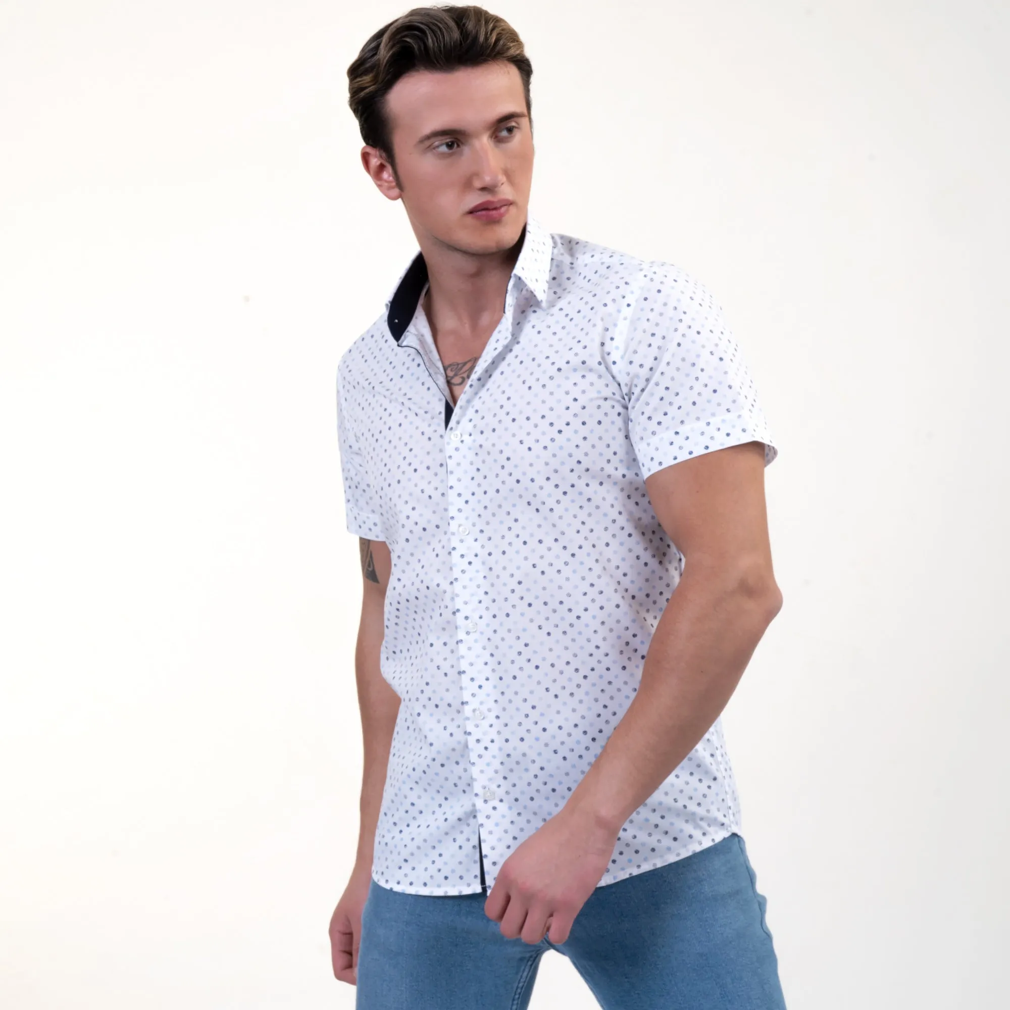 White Blue Dots Mens Short Sleeve Button up Shirts - Tailored Slim Fit Cotton Dress Shirts