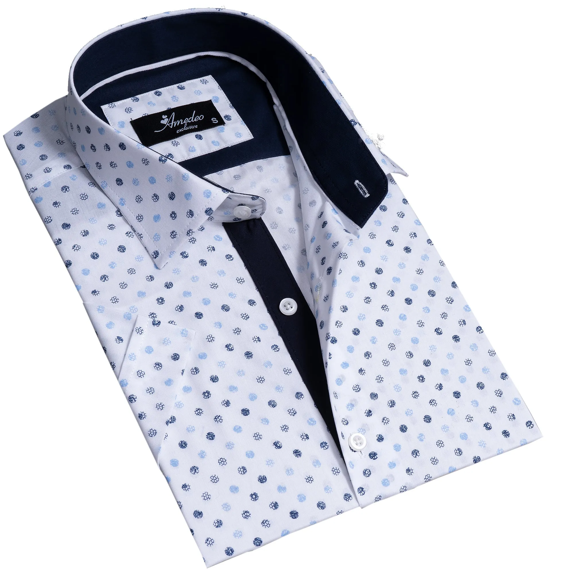 White Blue Dots Mens Short Sleeve Button up Shirts - Tailored Slim Fit Cotton Dress Shirts