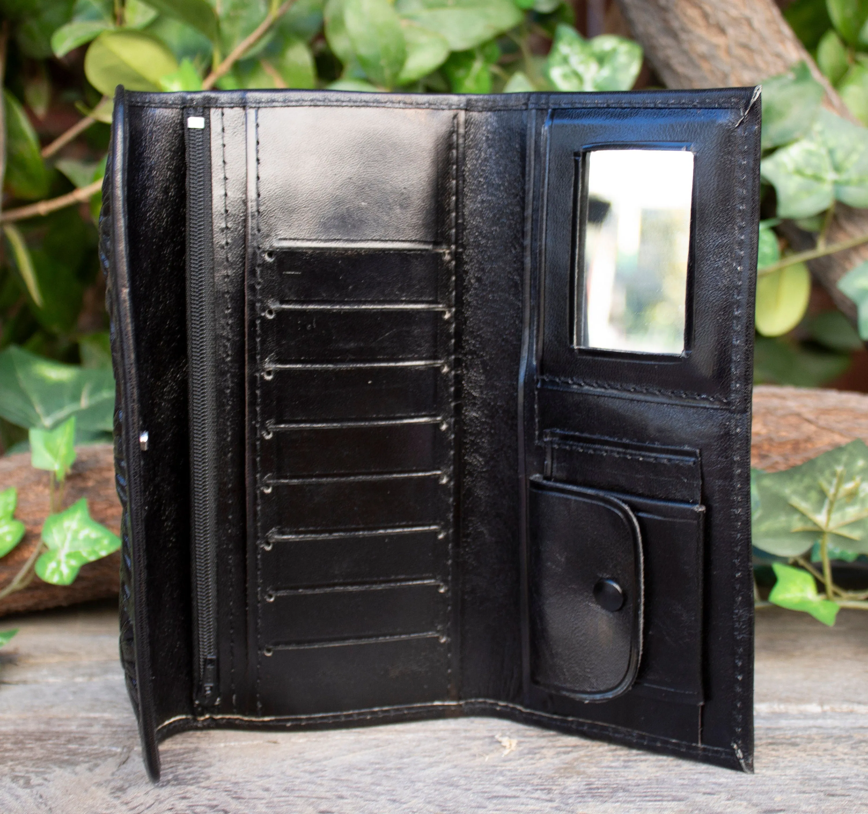 WOMENS BLACK SUNFLOWER slim handcrafted trifold leather stamped hand wallet purse