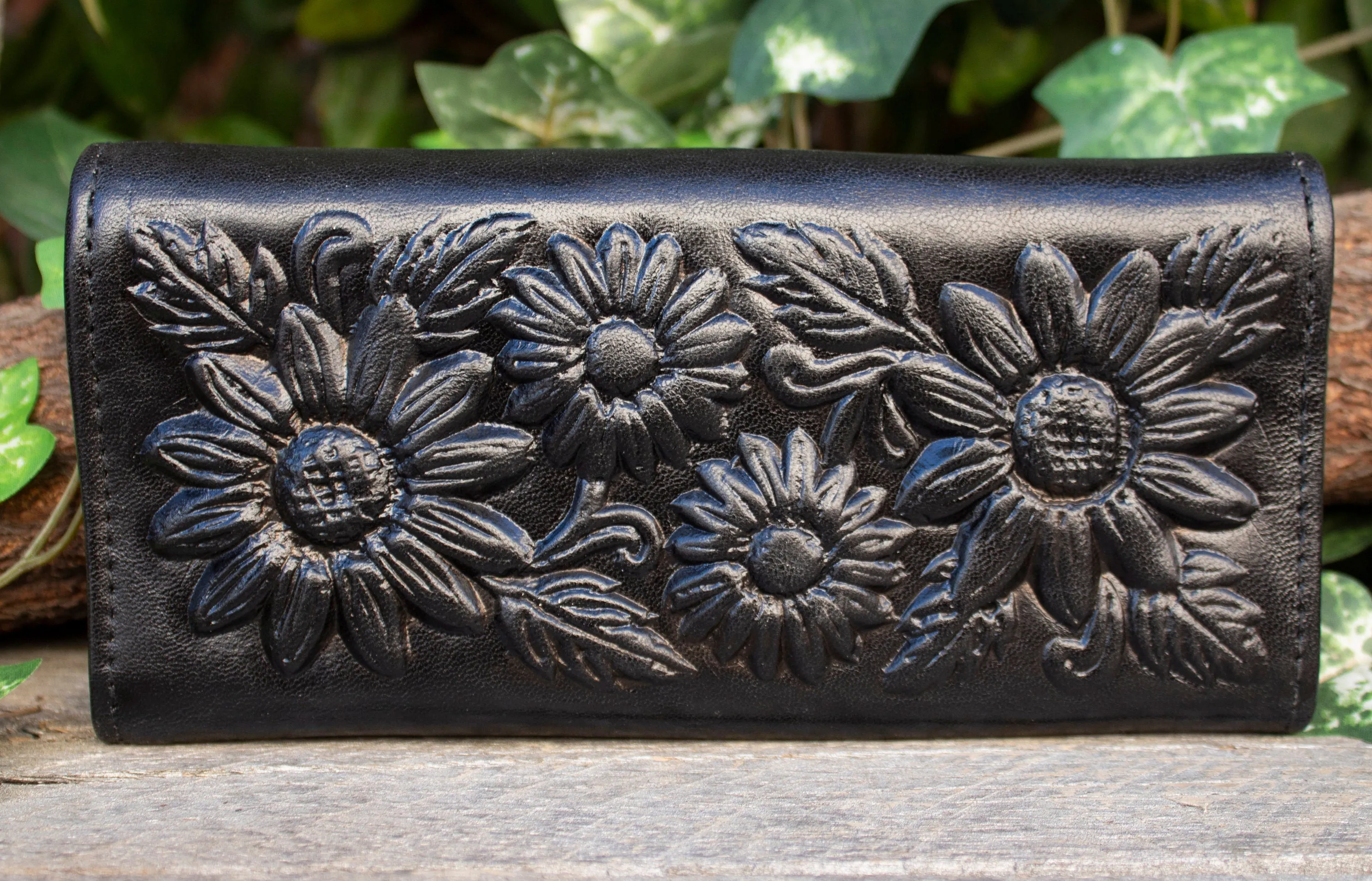 WOMENS BLACK SUNFLOWER slim handcrafted trifold leather stamped hand wallet purse