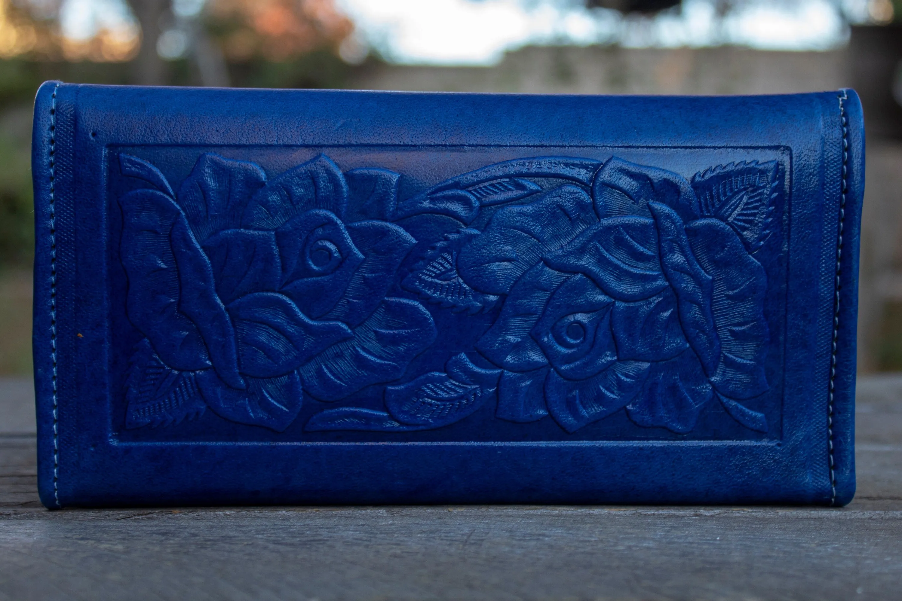 WOMENS LEATHER blue rose STAMPED slim trifold leather hand wallet purse