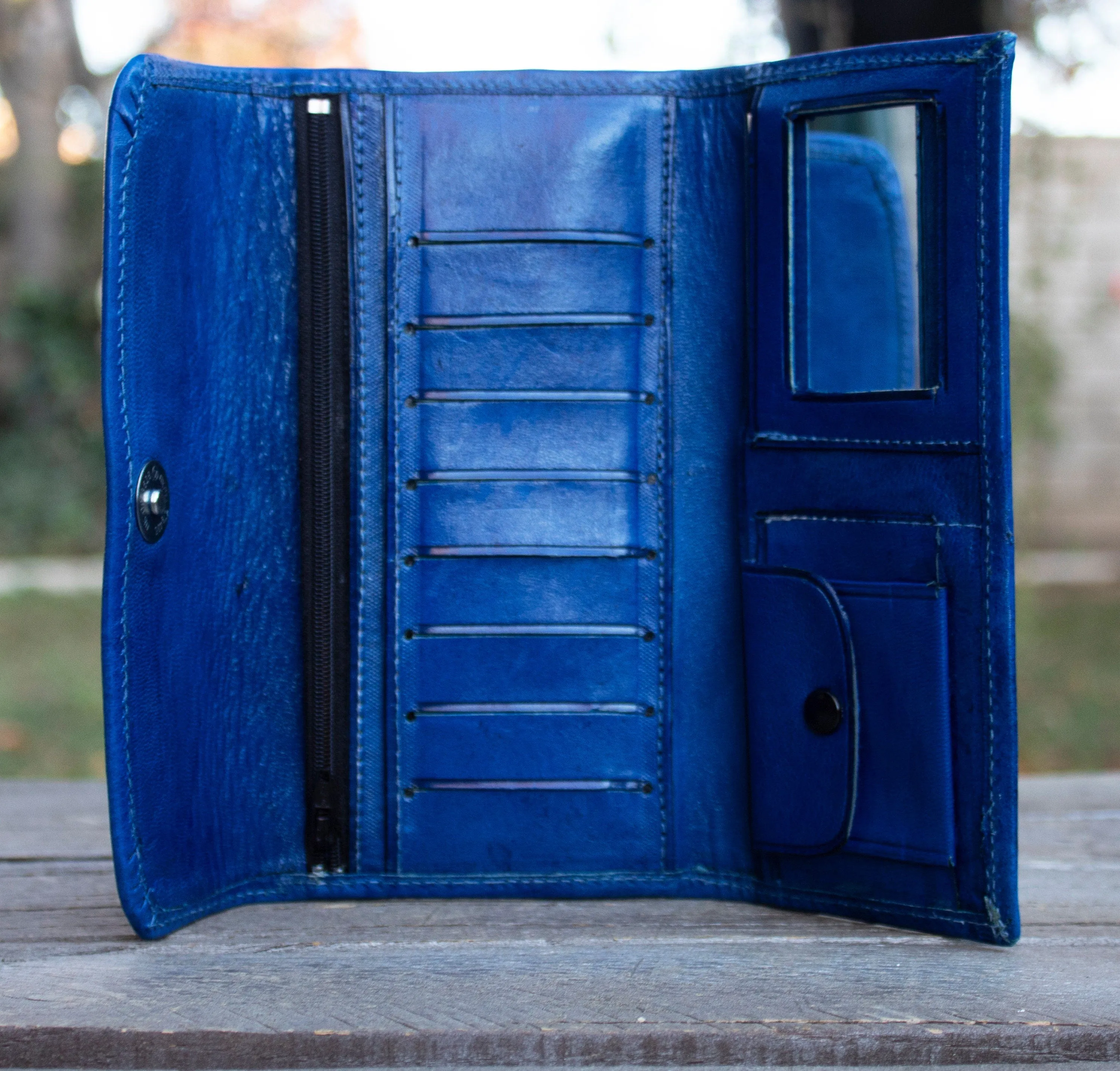 WOMENS LEATHER blue rose STAMPED slim trifold leather hand wallet purse