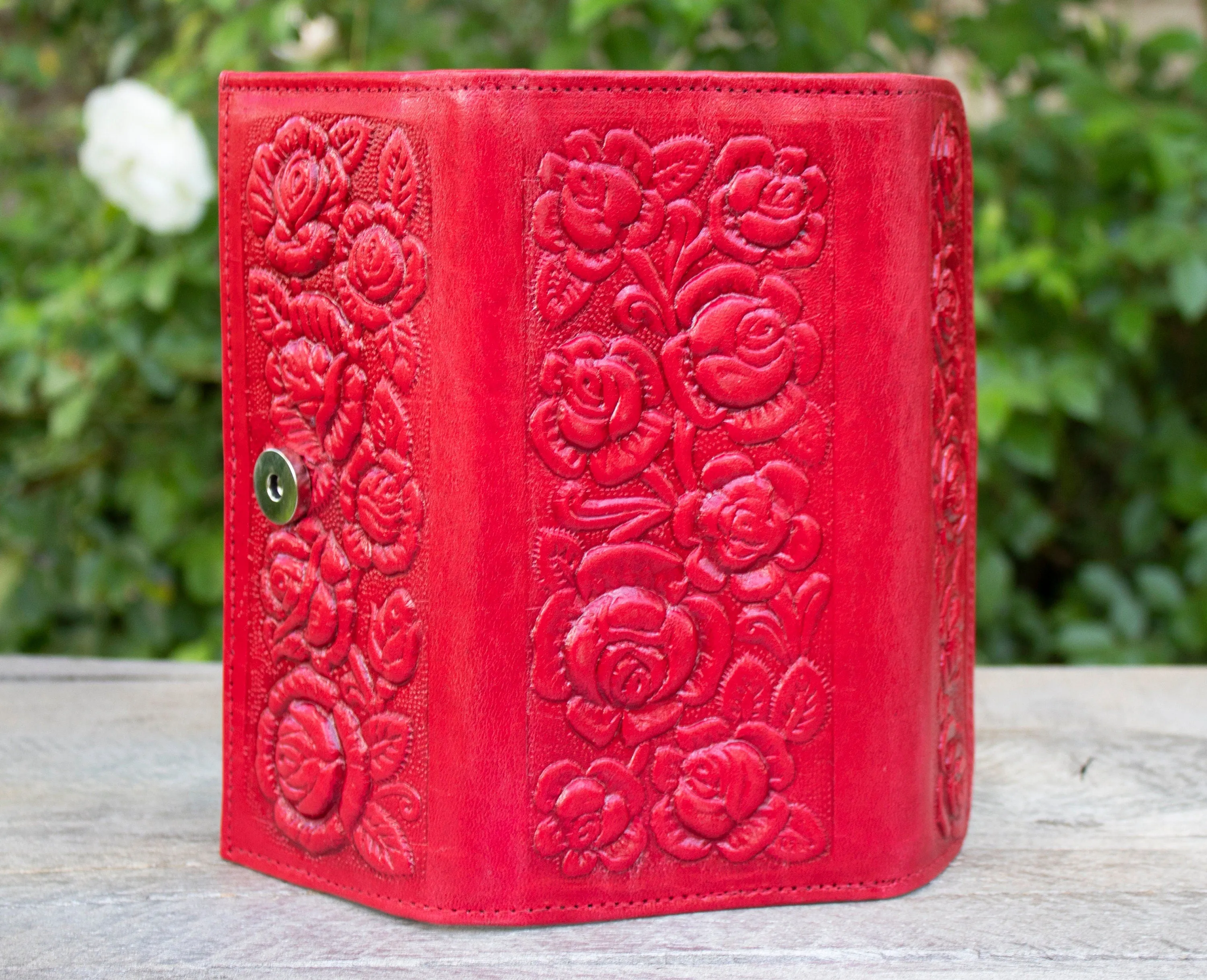 WOMENS LEATHER red rose STAMPED slim trifold leather hand wallet purse