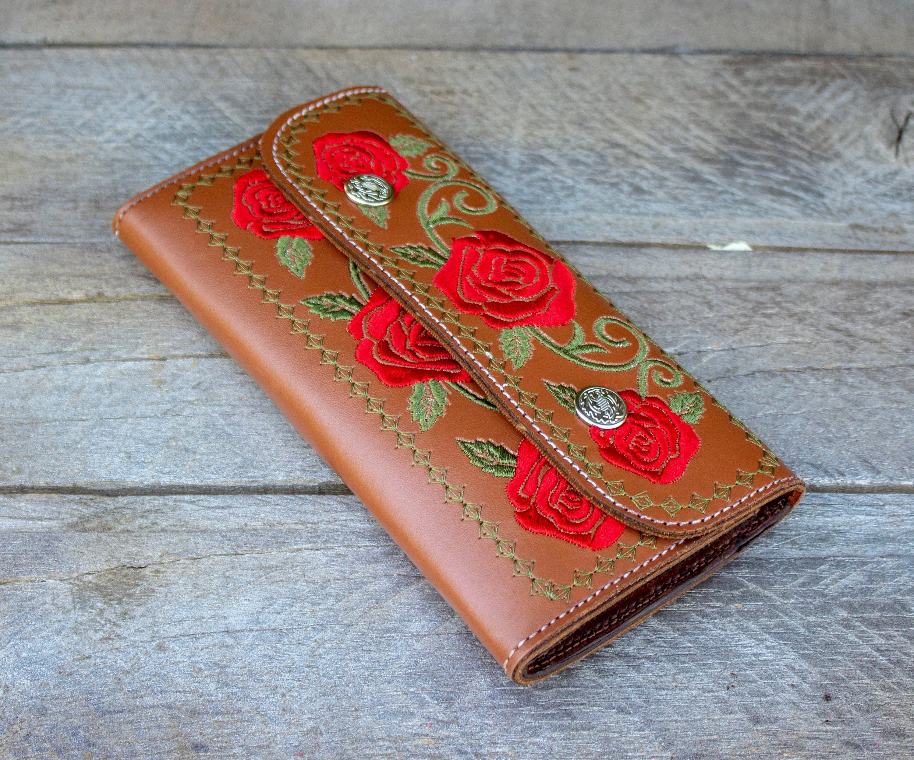 WOMENS LEATHER rose EMBROIDERED slim handcrafted trifold wallet