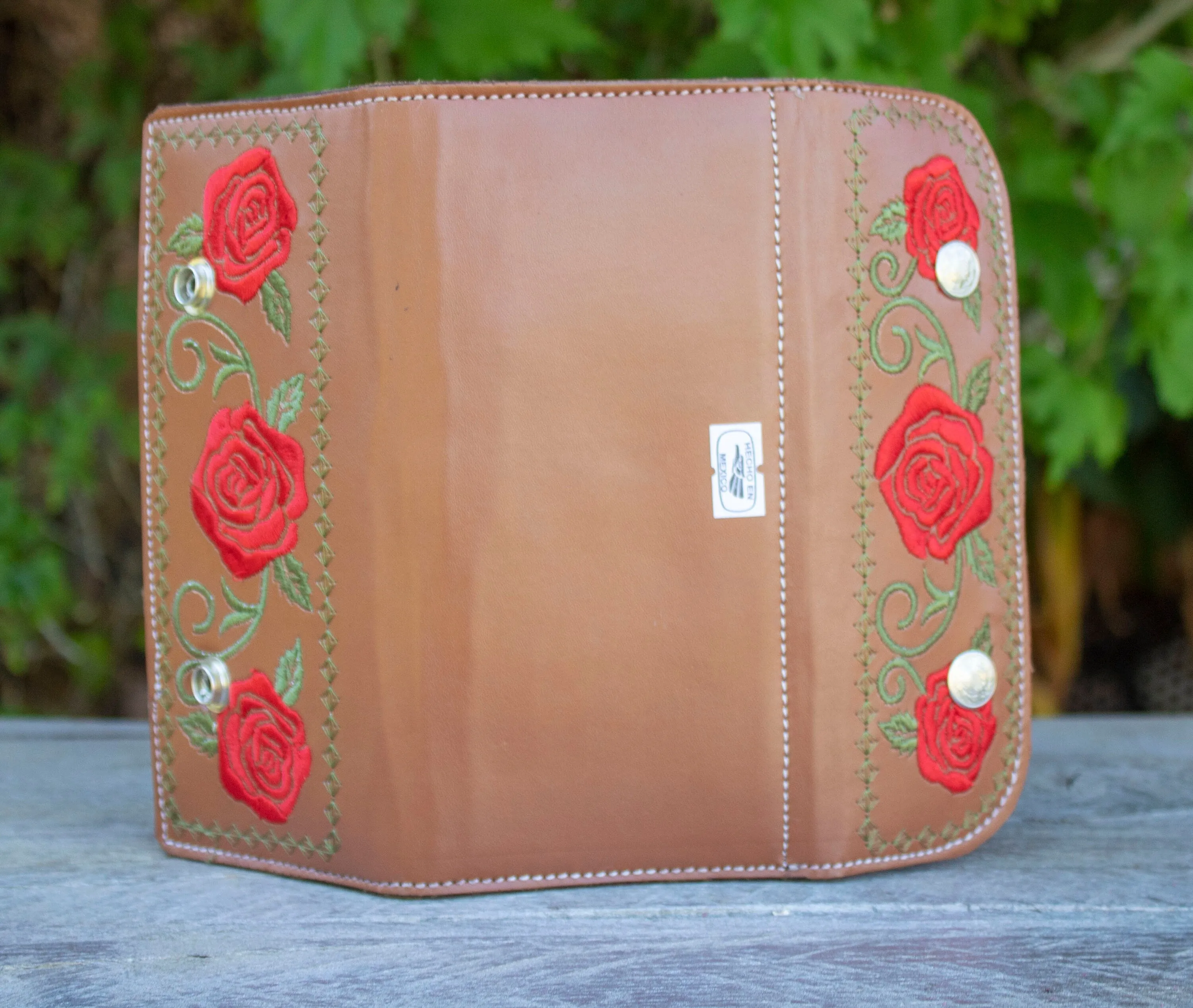 WOMENS LEATHER rose EMBROIDERED slim handcrafted trifold wallet
