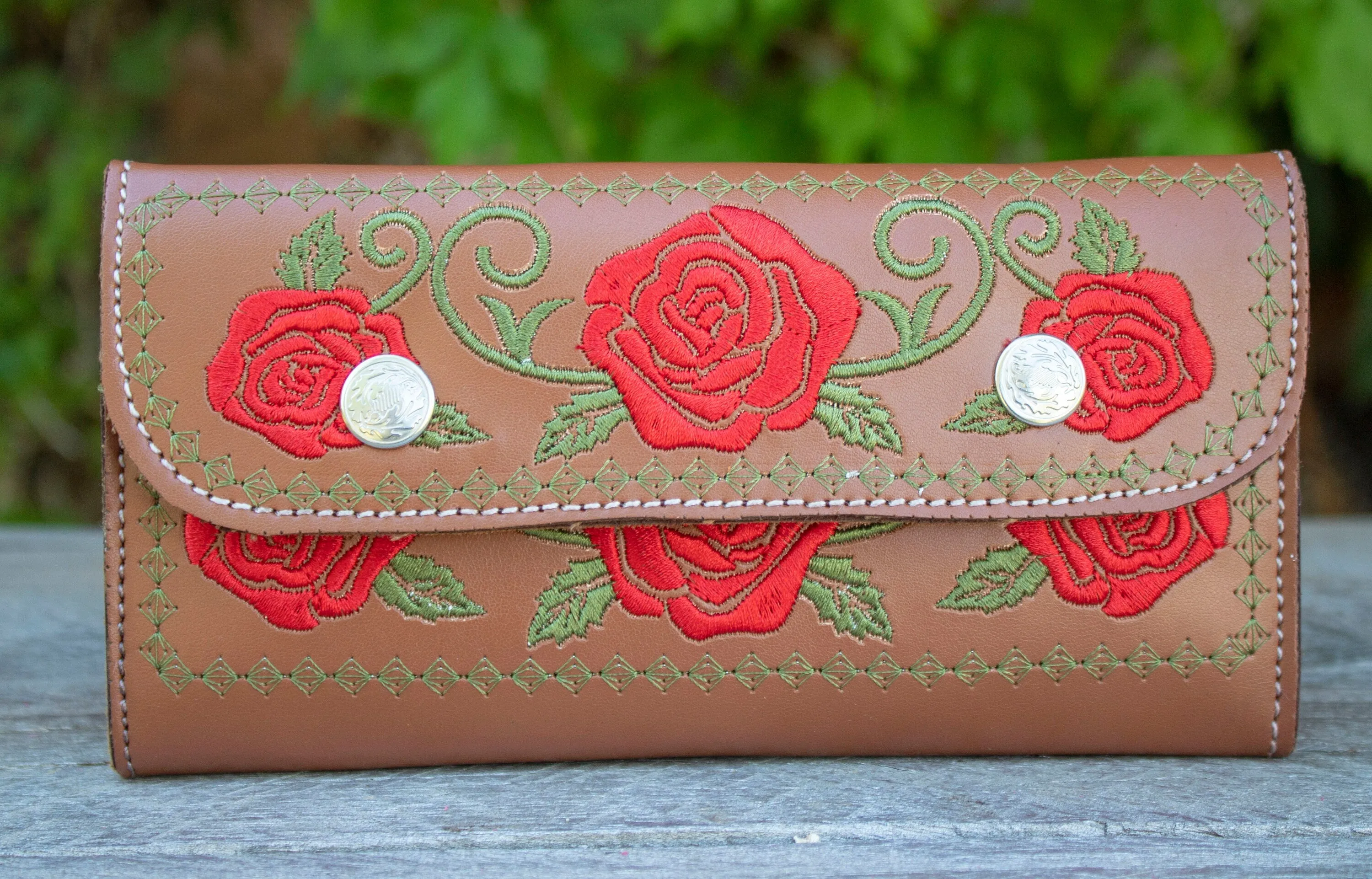 WOMENS LEATHER rose EMBROIDERED slim handcrafted trifold wallet