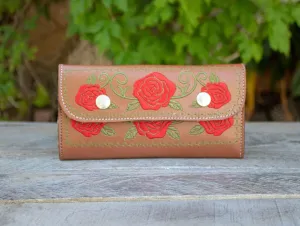 WOMENS LEATHER rose EMBROIDERED slim handcrafted trifold wallet