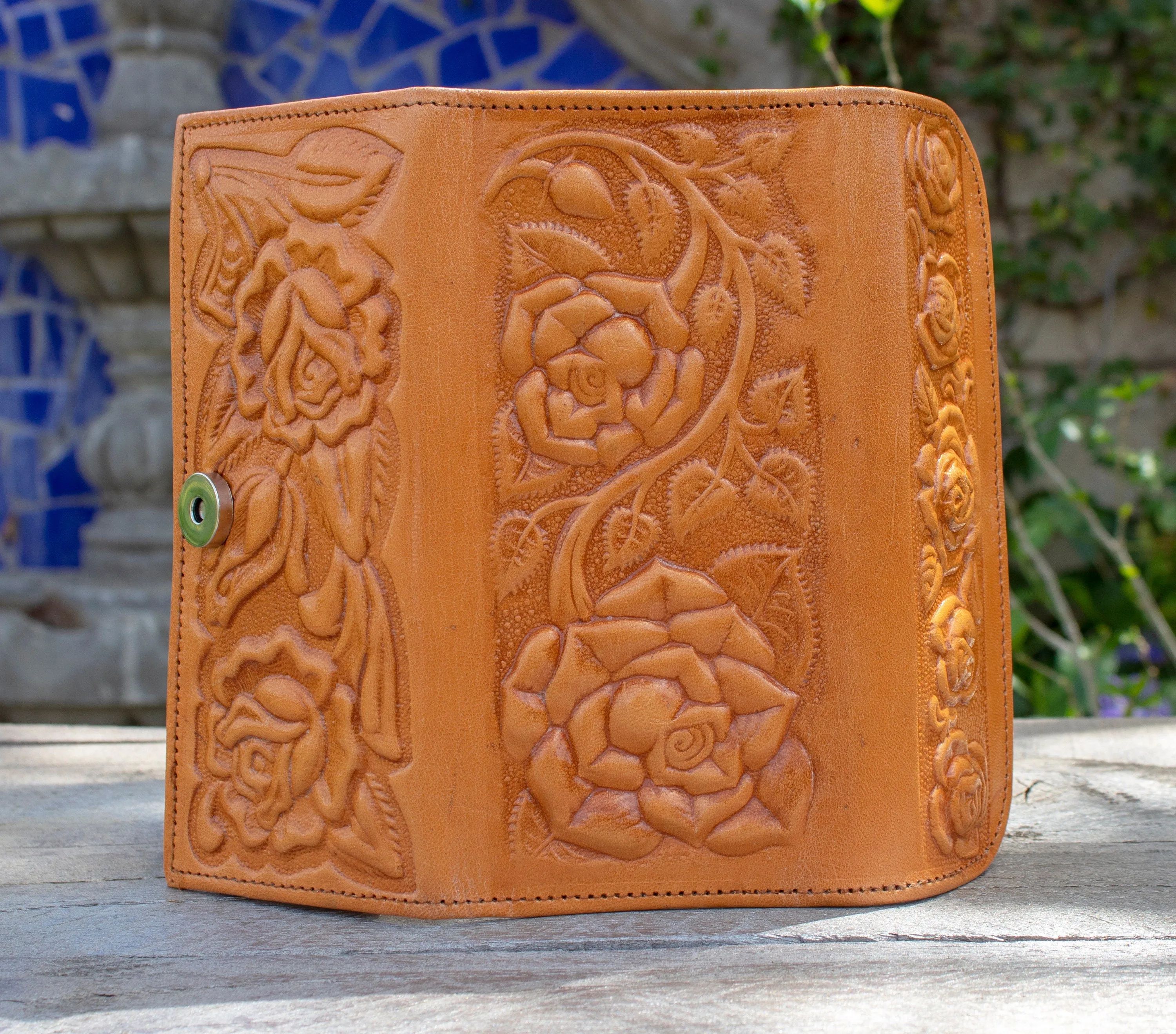 WOMENS LEATHER rose STAMPED slim handcrafted trifold wallet